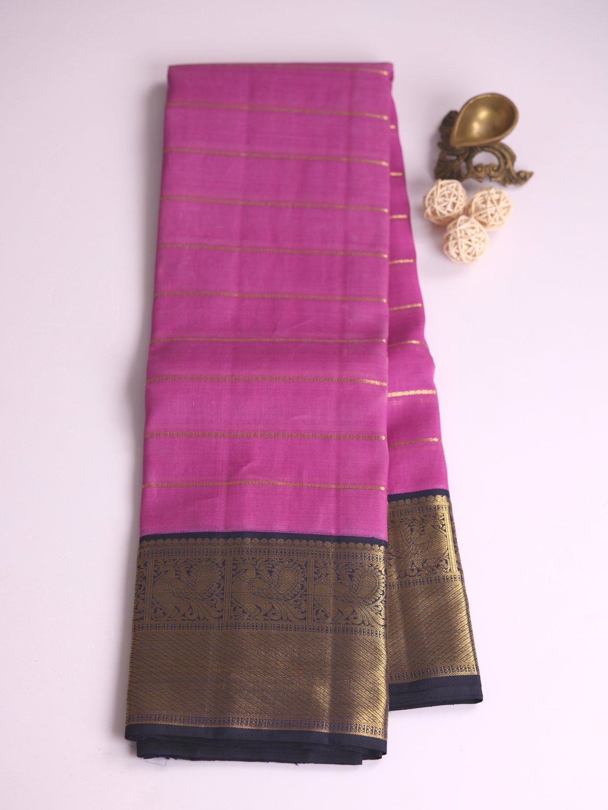 Lavender Kanjeevaram Organza Saree With Navy Blue Border