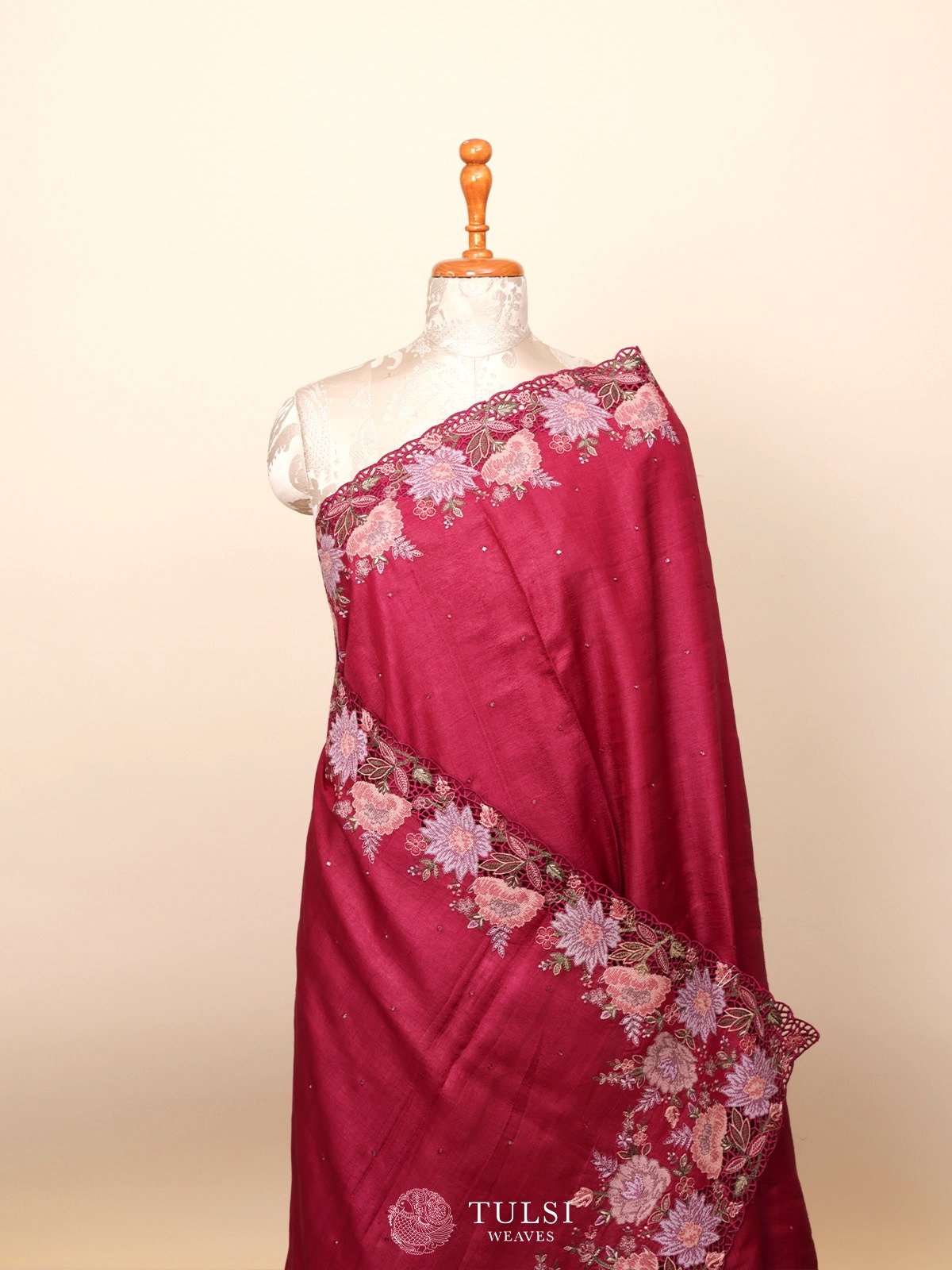 Reddish Violet Tussar Silk Saree with Floral Embroidery Border