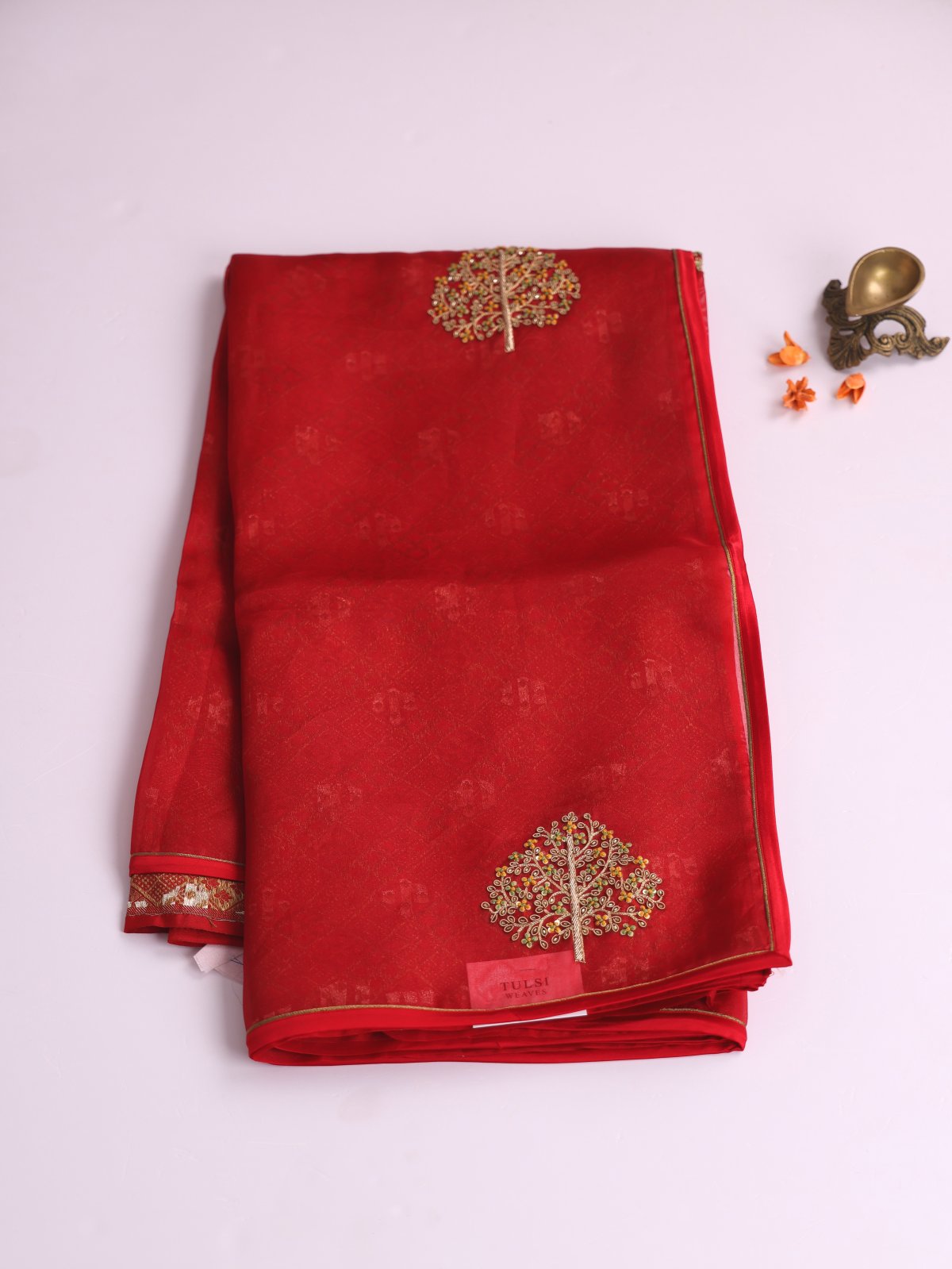 Dark Red Embroidered Organza Silk Saree