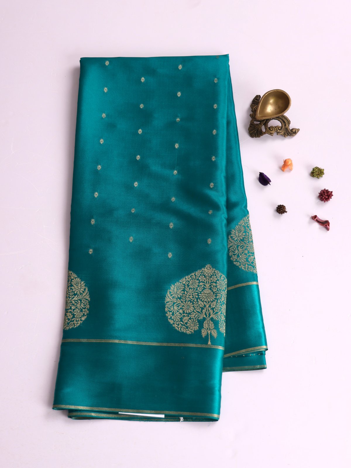 Teal Blue Mysore Silk Saree With Satin Border