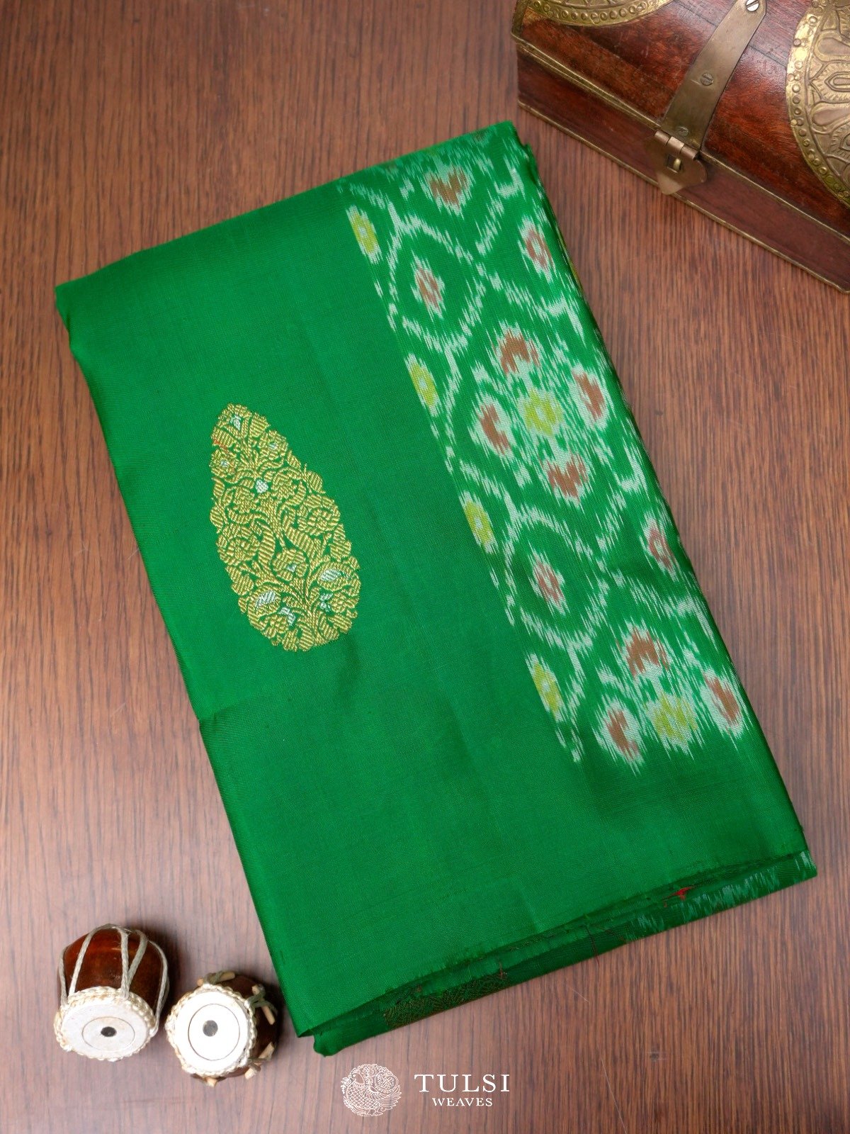 Bottle Green Kanjeevaram Silk Saree with Ikat Pattern