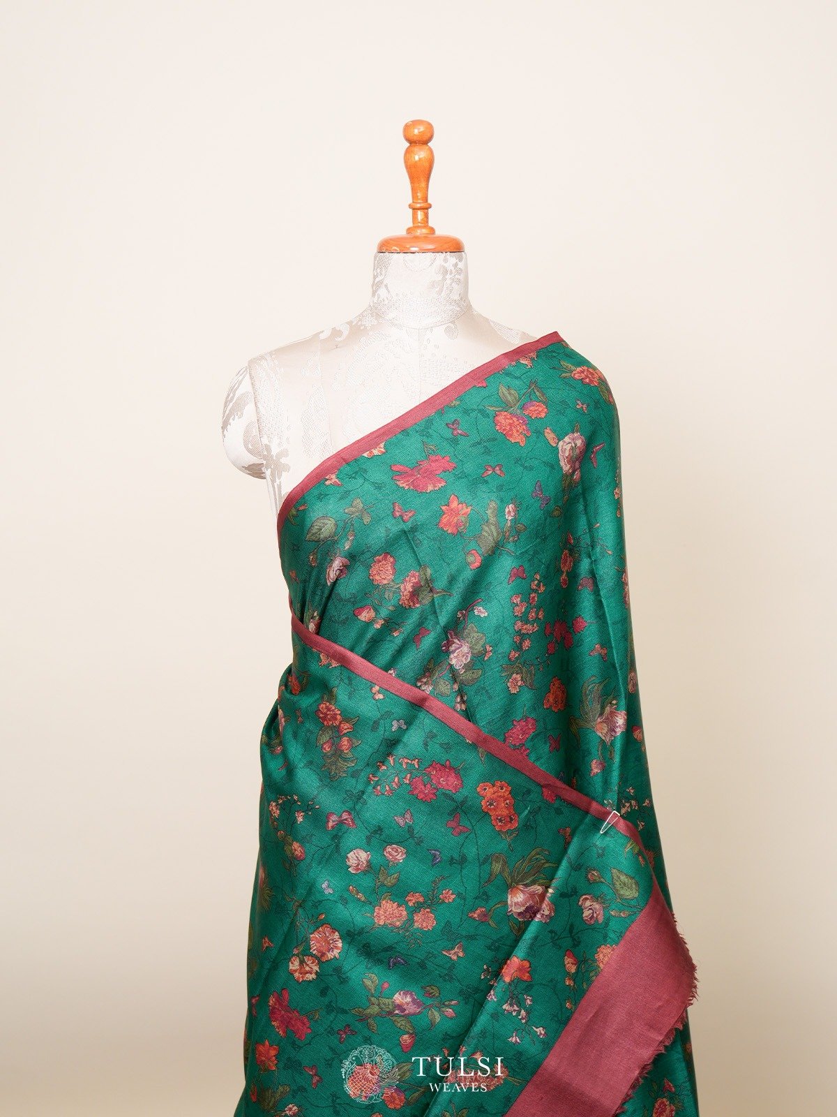 Dark Green Printed Tussar Silk Saree