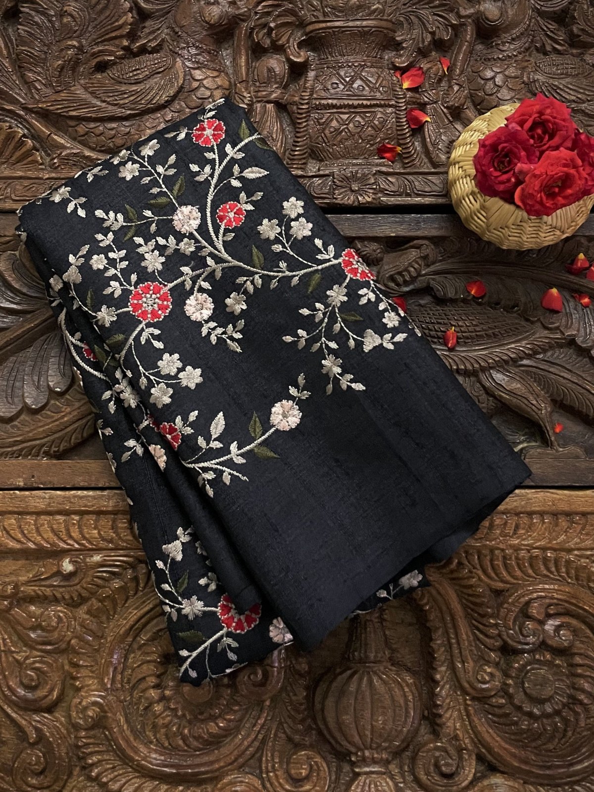 Black Tussar Silk Blouse With Floral Embroidery