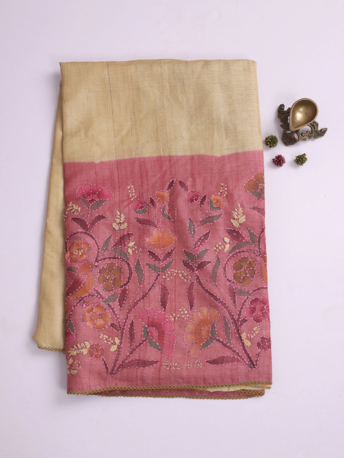 Beige Printed Tussar Silk Saree With Kantha Embroidery
