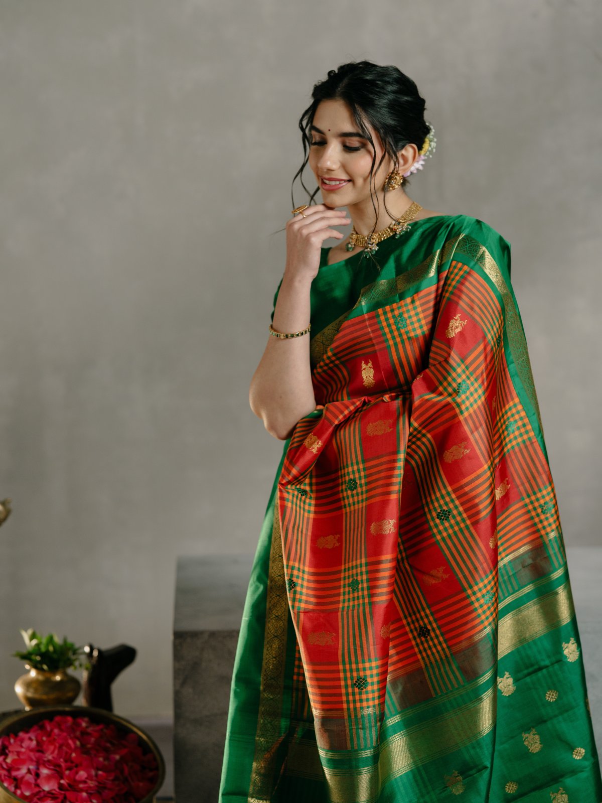 Crafted 3 - Palum Pazhamum Checked Kanjeevaram Silk Saree With Green Border