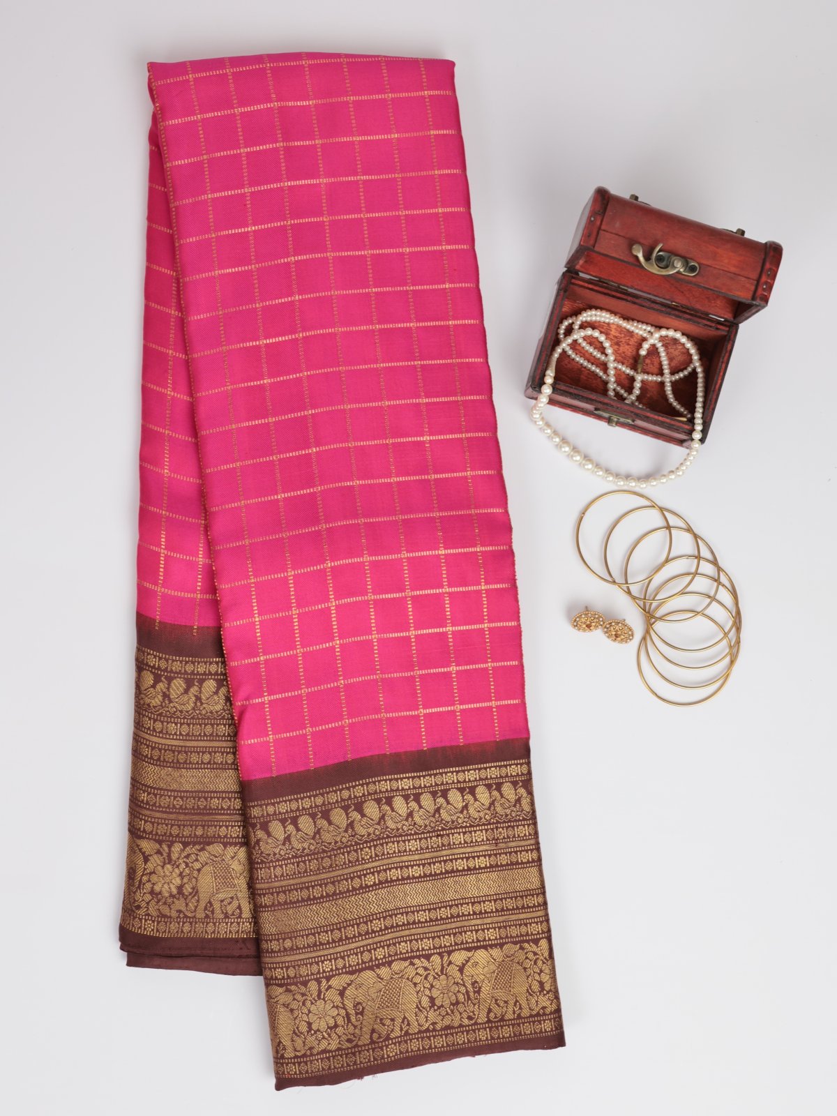 Rani Pink Checked Kanjeevaram Twill Saree With Brown Border