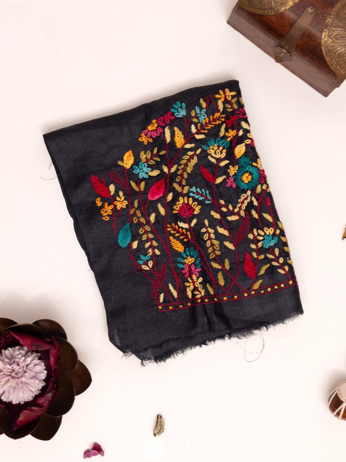 Black Tussar Blouse With Floral Embroidery