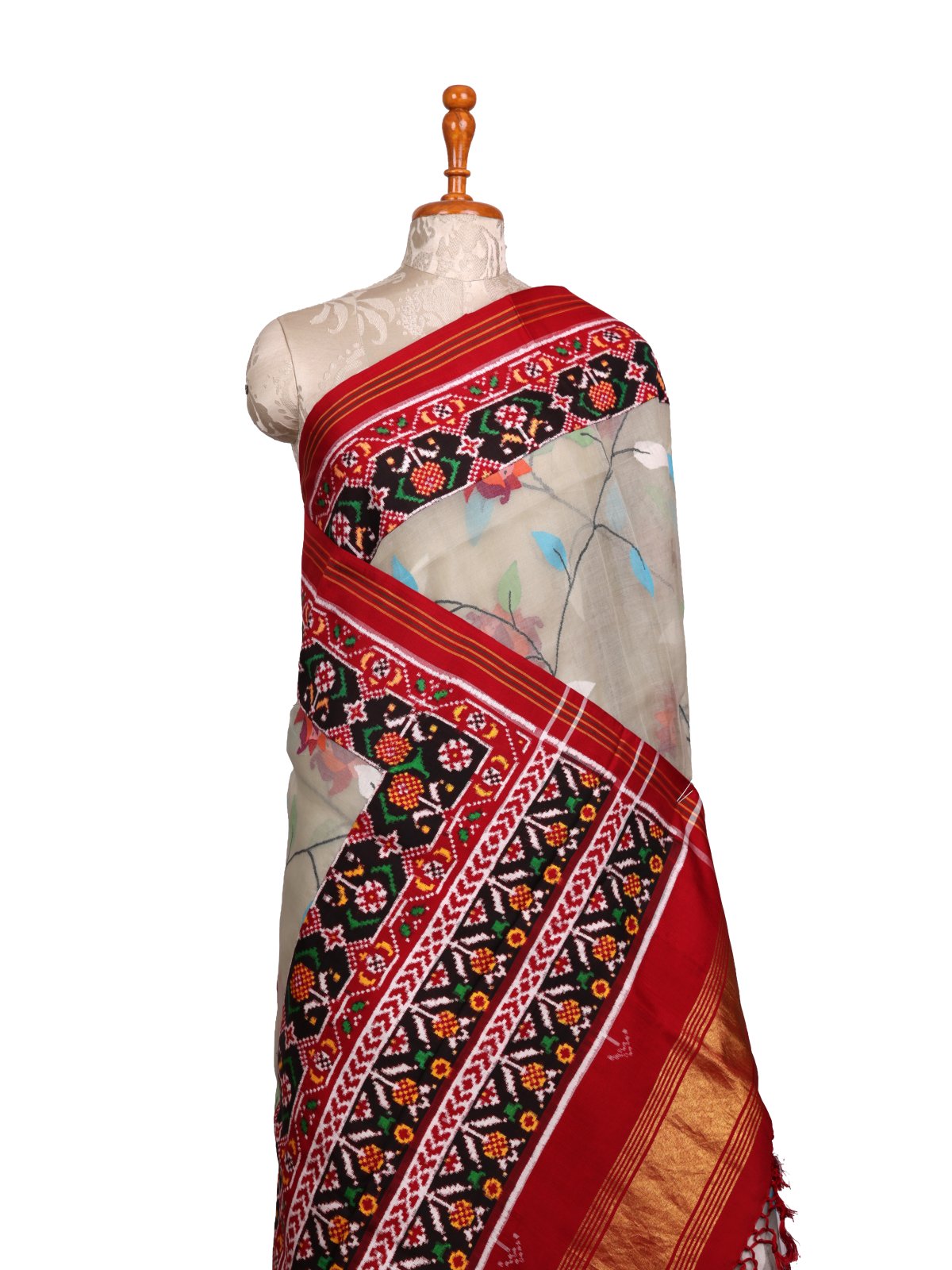 Light Greenish Grey Kora Jamdani Silk Saree With Red Patan Patola Border