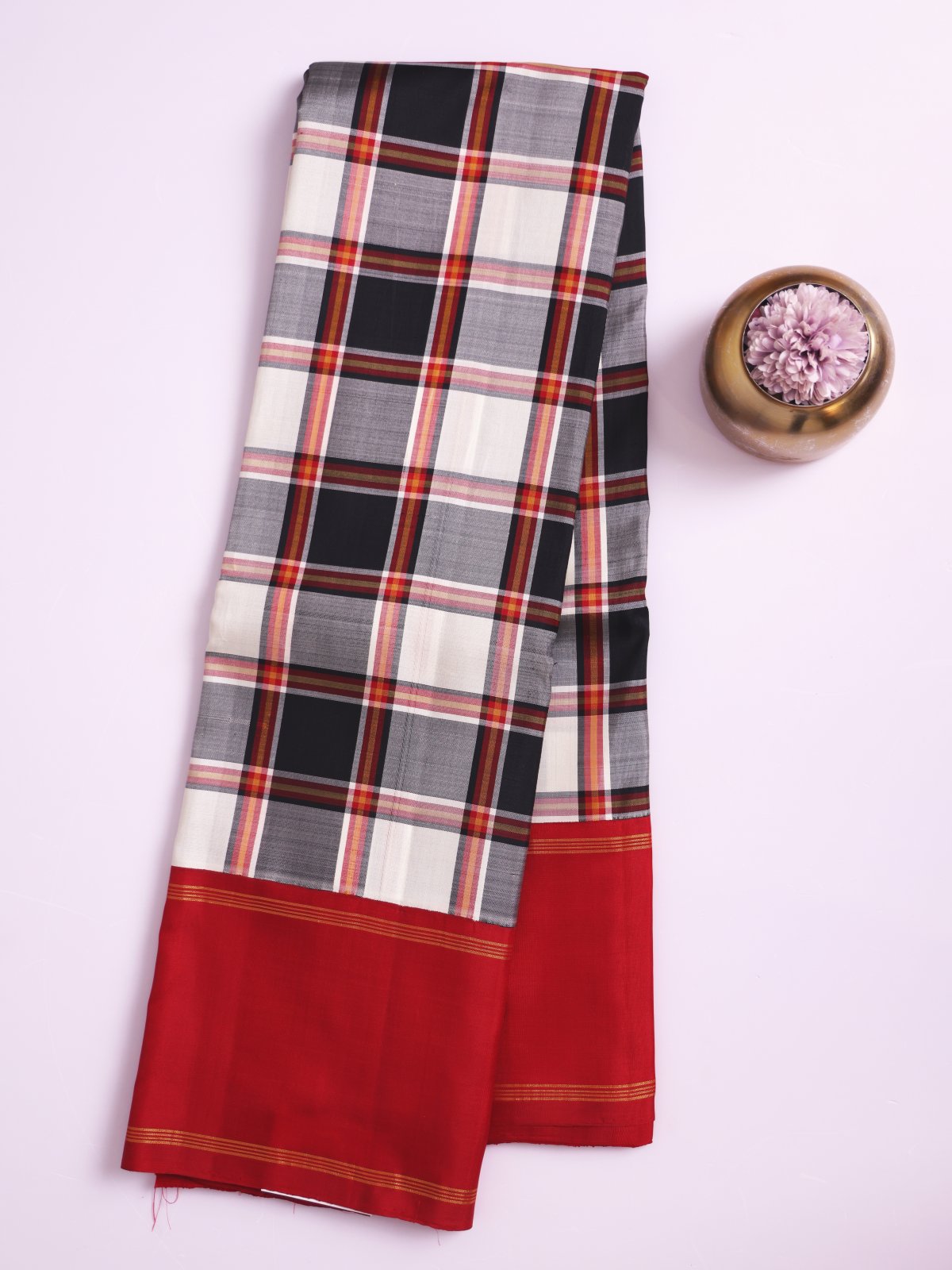 Ivory Checked Kanjeevaram Silk Saree with Dark Red Border 
