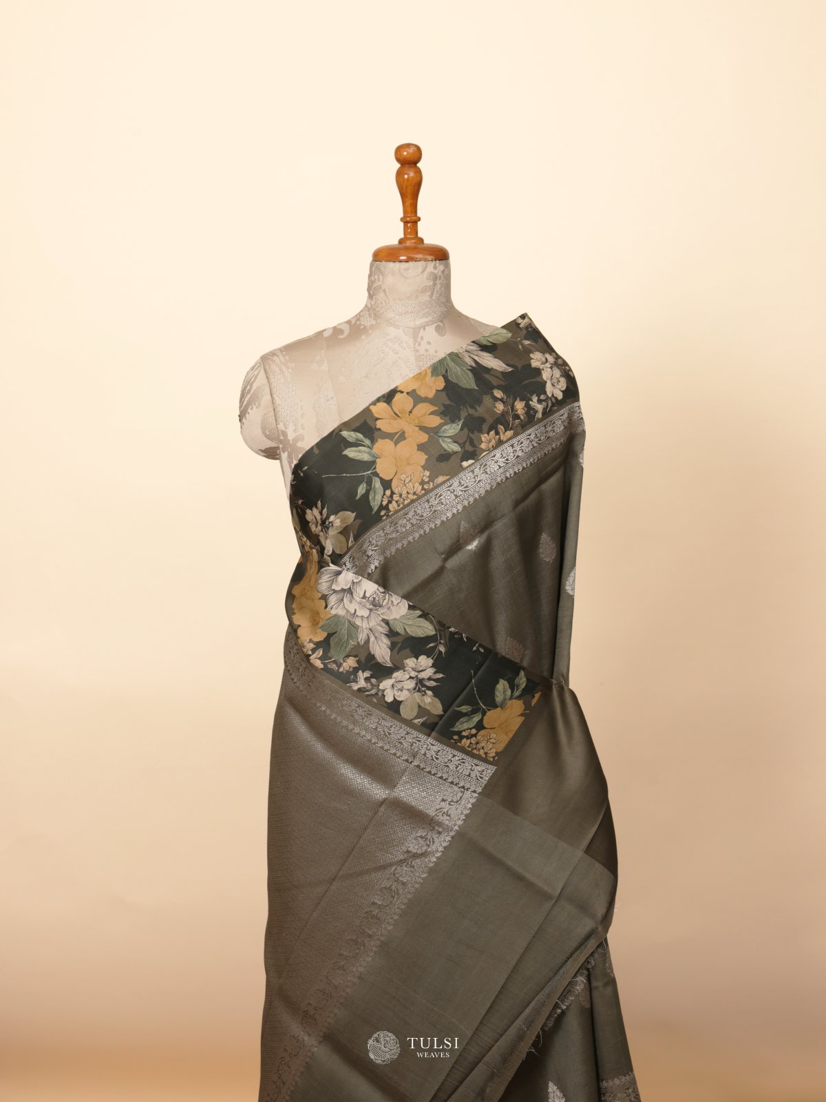 Dark Sage Green Banaras Tussar Georgette Silk Saree With Satin Border