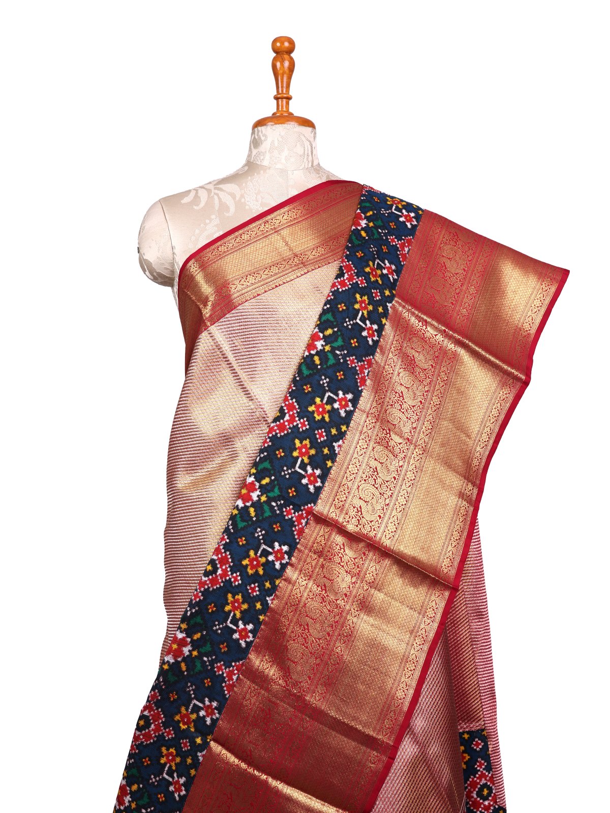 Red Brocade Kanjeevaram Silk Saree with Peacock Blue Patan Patola Border