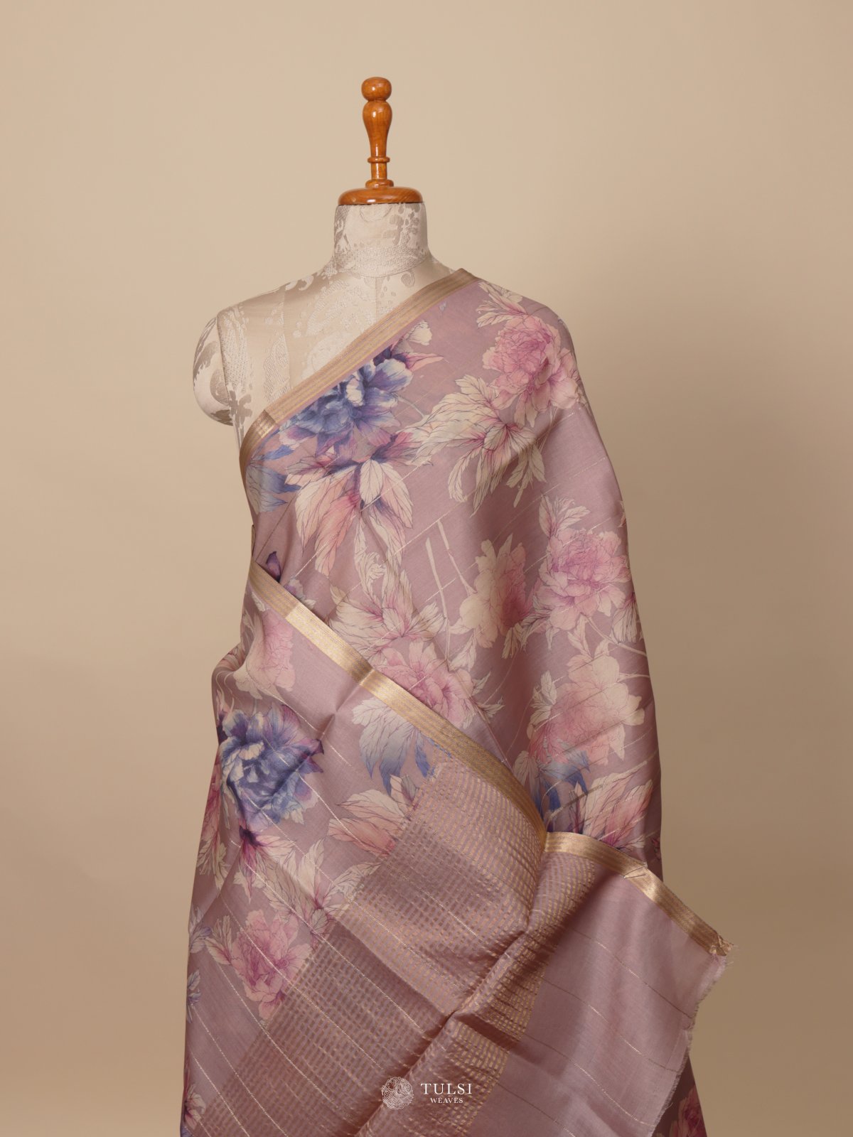 Lilac Printed Tussar Silk Saree