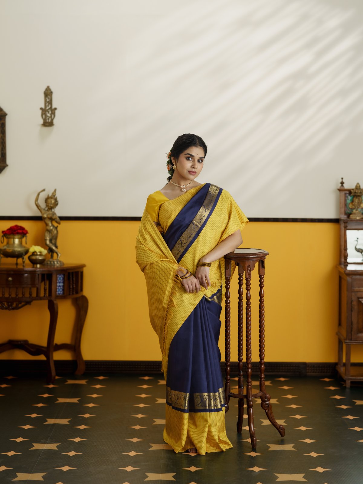 Vintage 61 - Dark Navy Blue Kanjeevaram Silk Saree With Yellow Checked Border