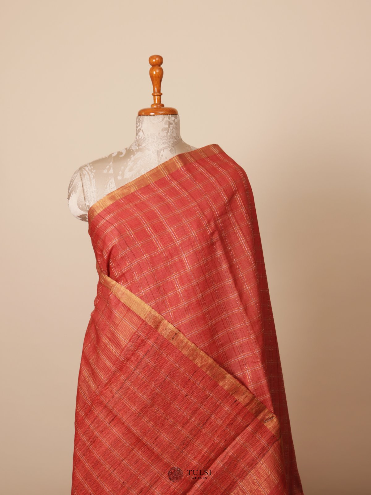 Dark Peach Tussar Silk Saree