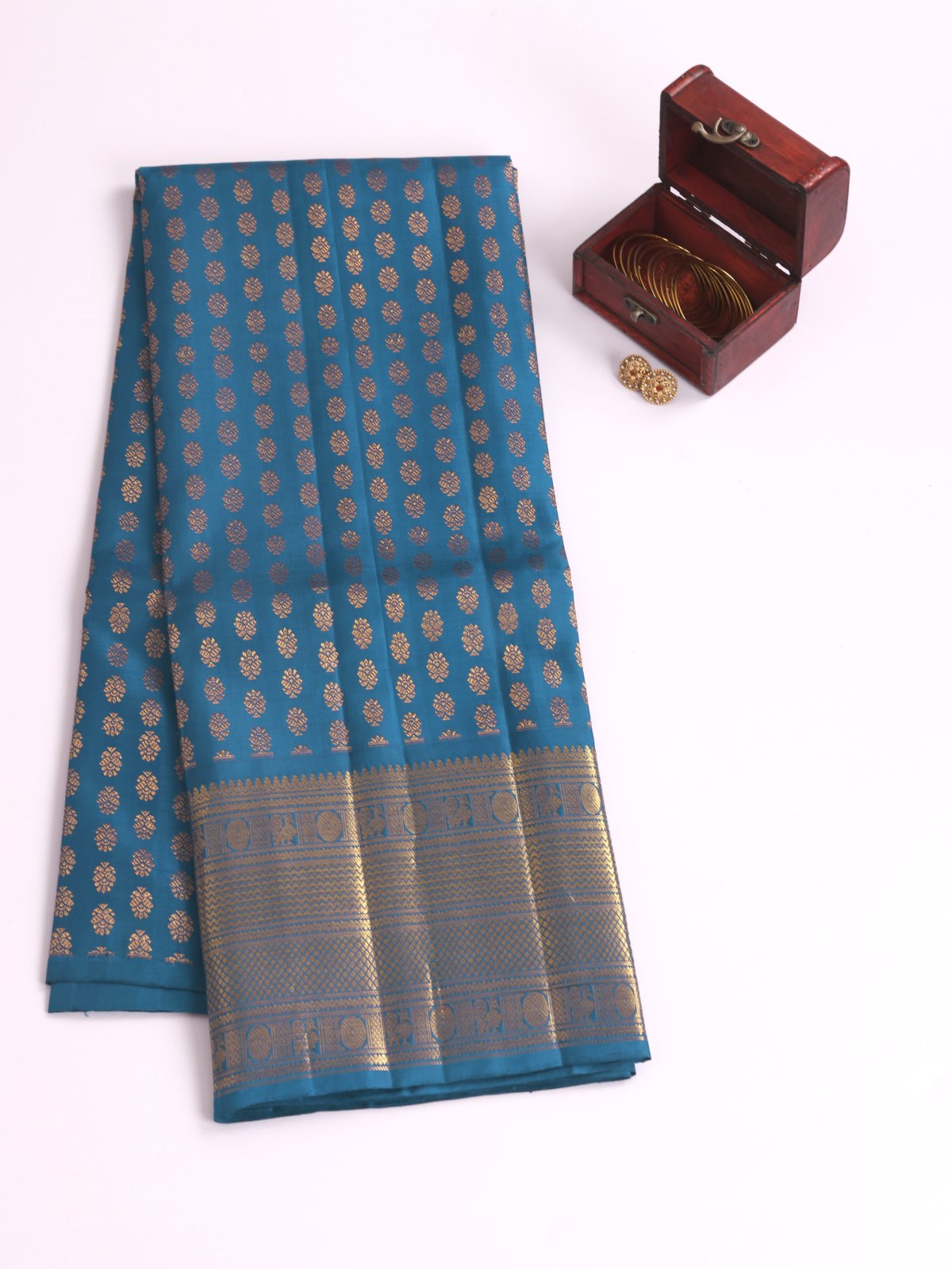 Peacock Blue kanjeevaram Silk Pavadai With Zari Border