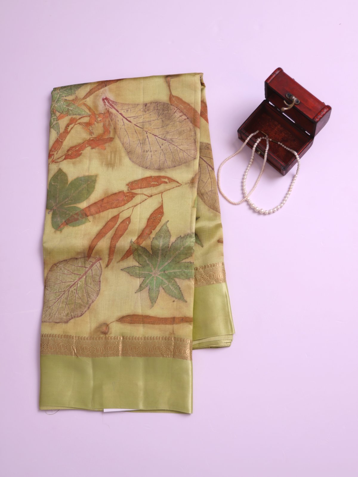 Pastel Green Eco Print Tussar Silk Saree with Self Satin Border