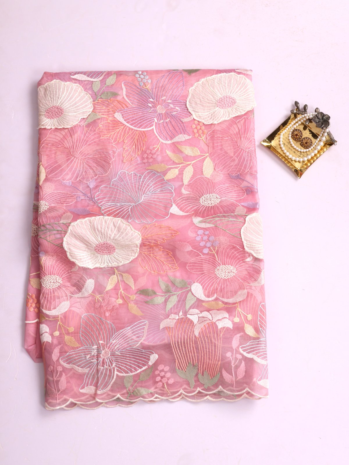 Pastel Pink Embroidered Organza Silk Saree With Applique Work 