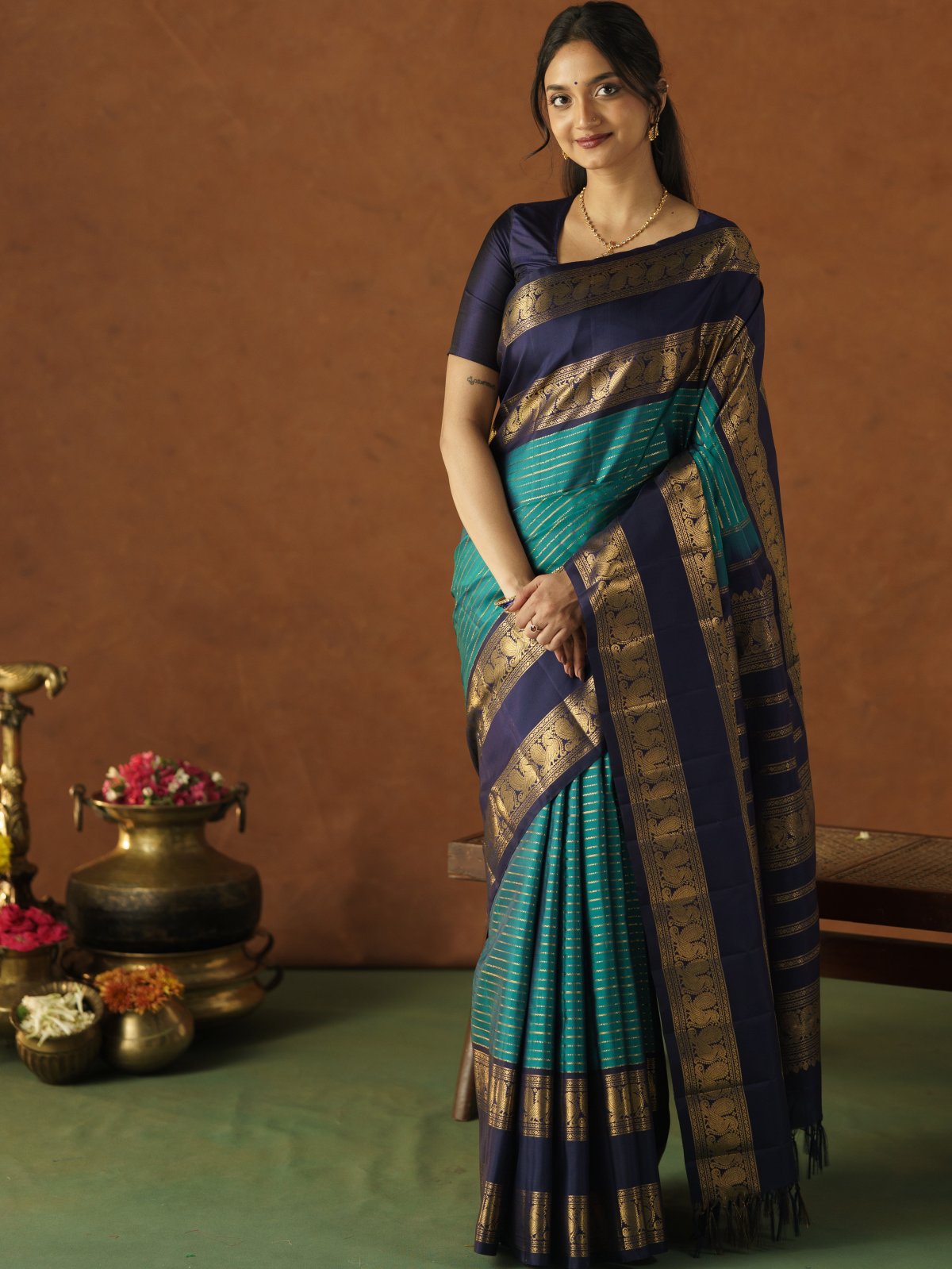 Teal Blue Checked Kanjeevaram Silk Sarees With Navy Blue Border