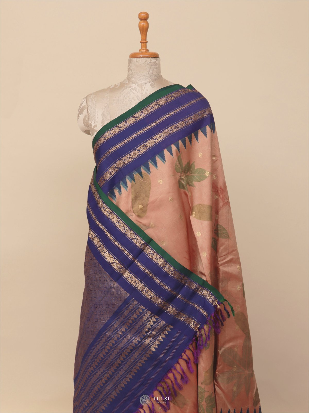 Light Rust Brown Eco Print Gadwal Silk Saree