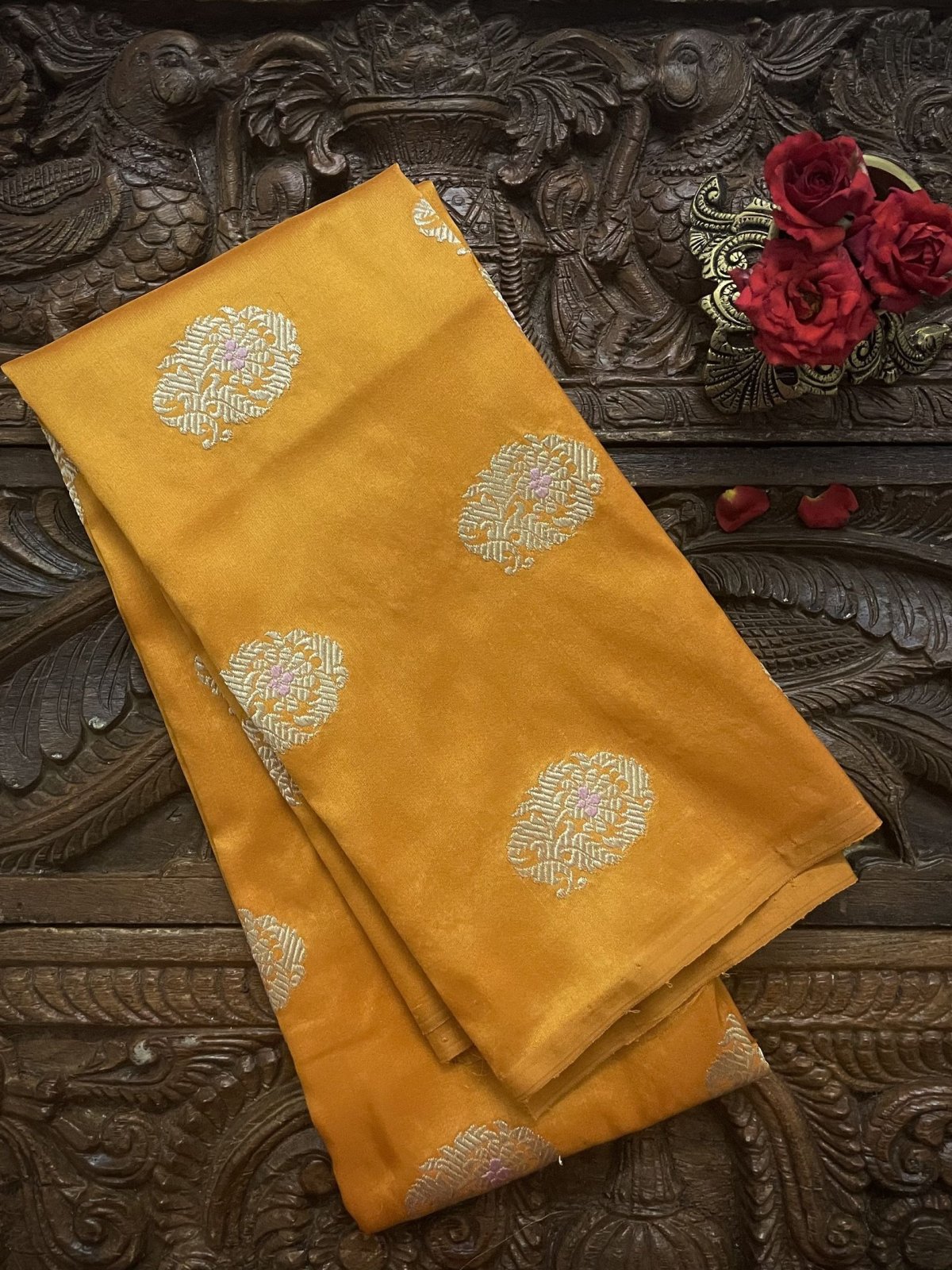 Mango Yellow Banaras Silk Blouse With Zari Floral Butties