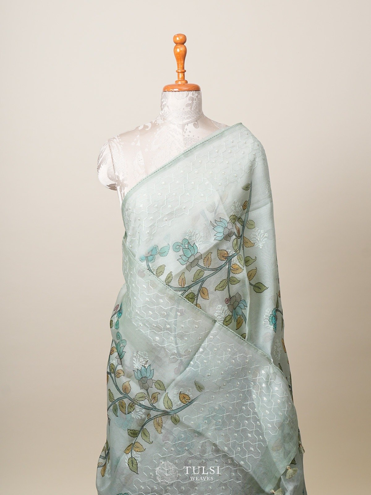 Light Teal Green Organza Saree With Embroidered Border