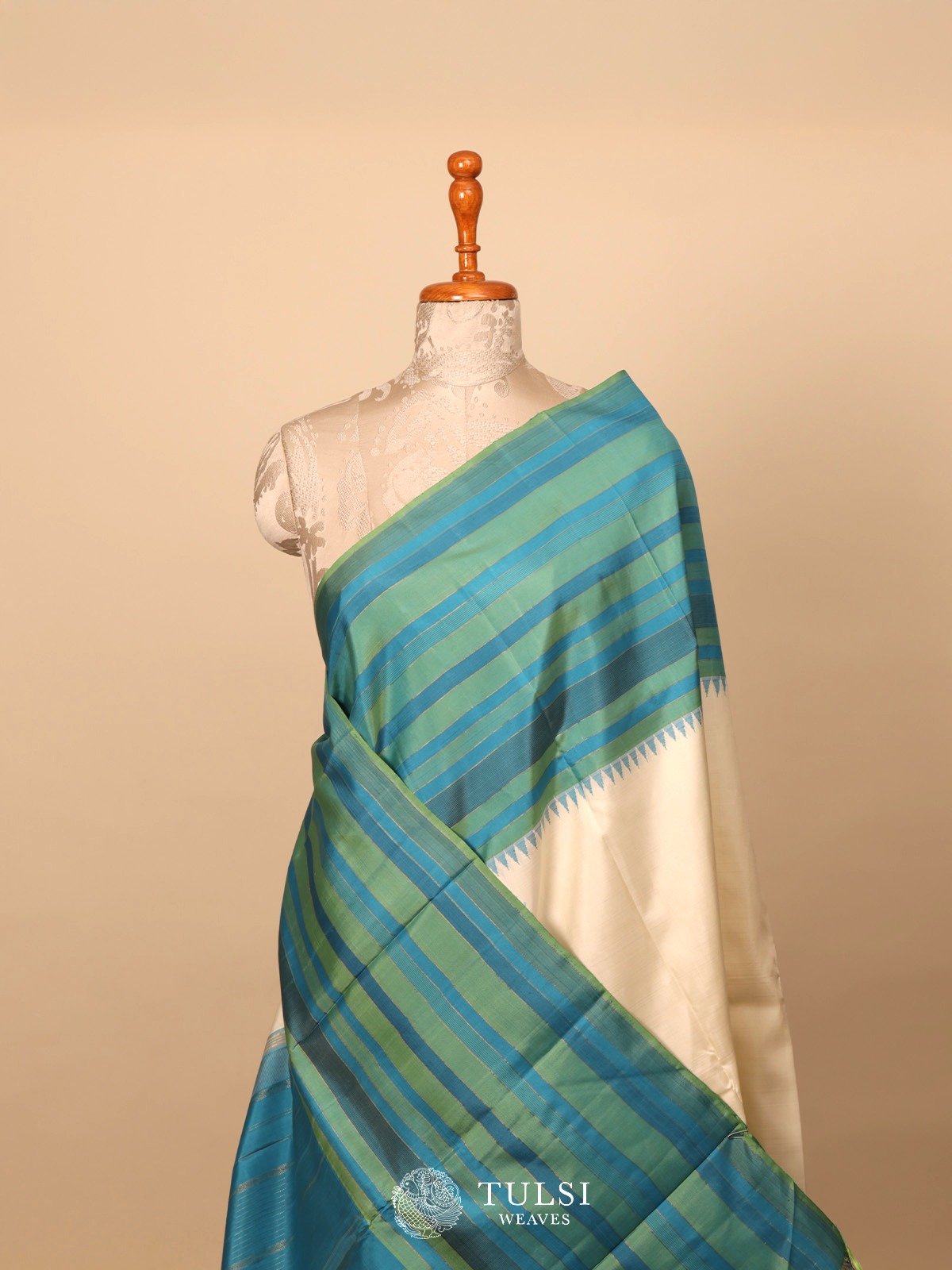 Off-White Kanjeevaram Silk Saree with Striped Border