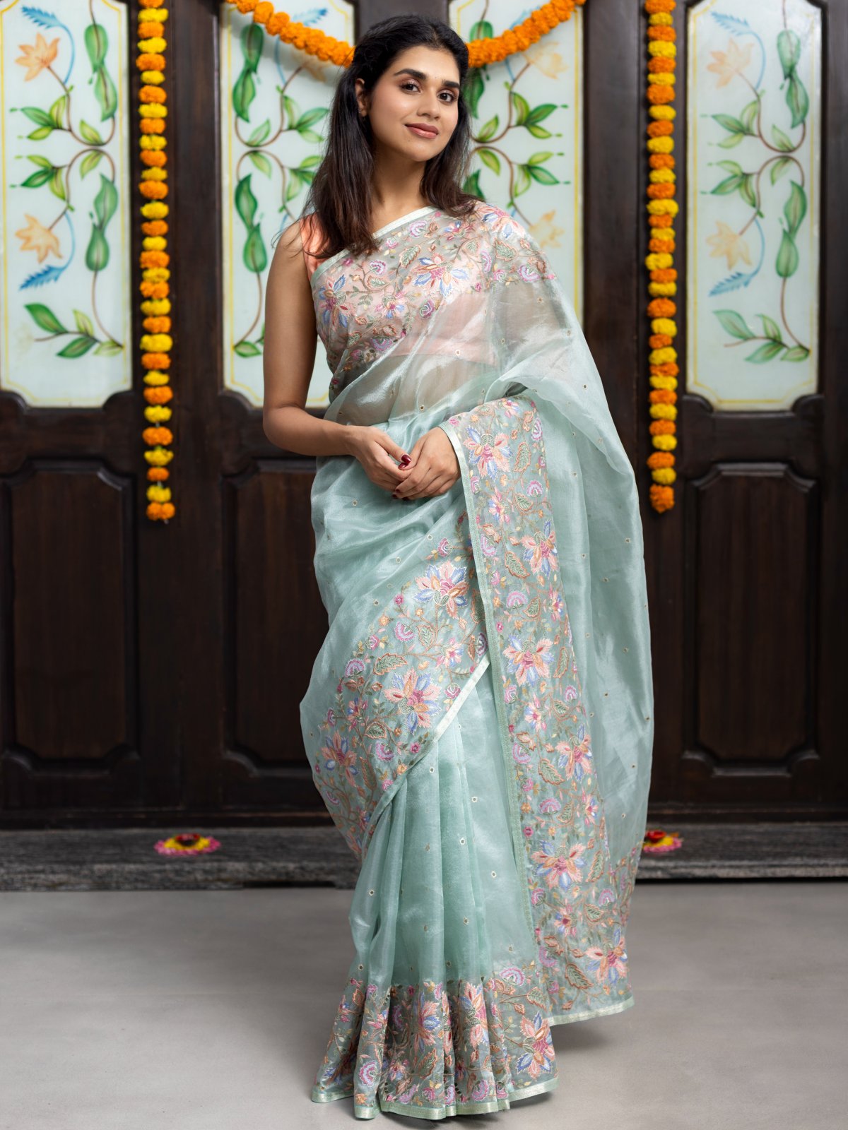 Light Blue Organza Saree With Cutwork Embroidery