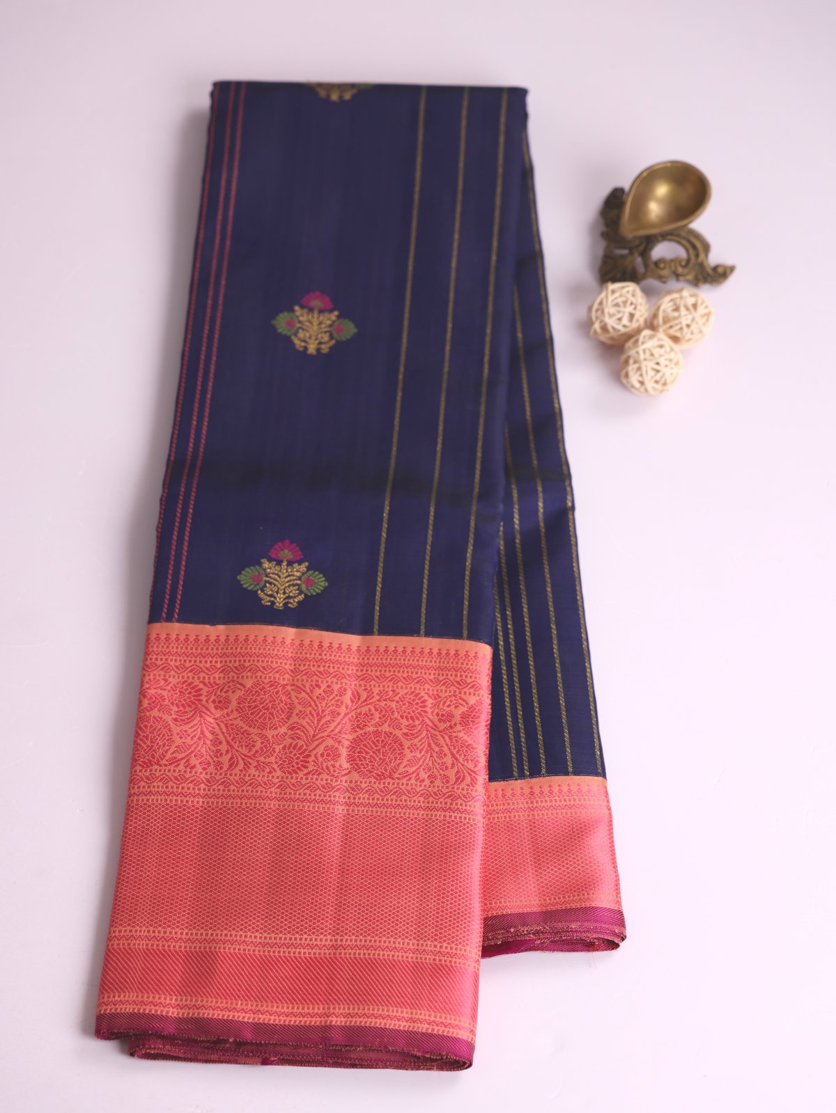 Navy Blue Kanjeevaram Organza Saree With Peachy Pink Border