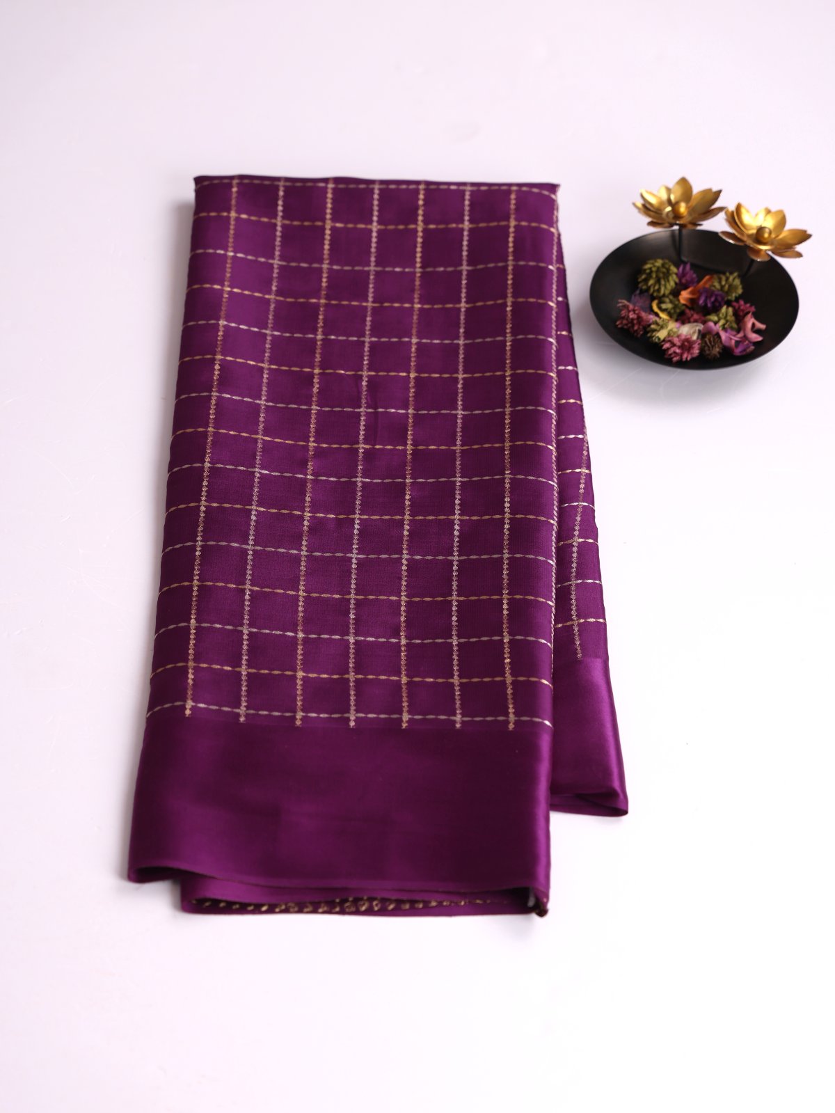 Purple Zari Checked Mysore Silk Saree With Satin Border