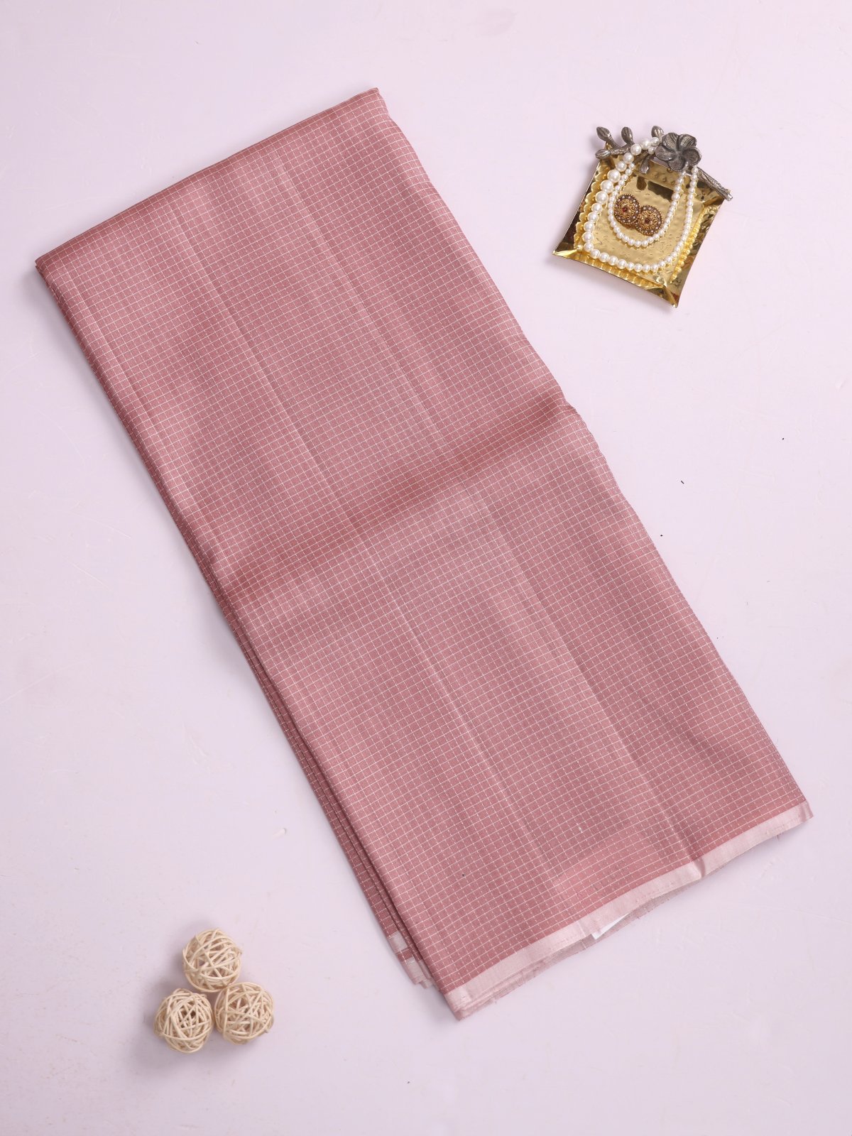 Dusty Pink Checked Soft Silk Tussar Saree 