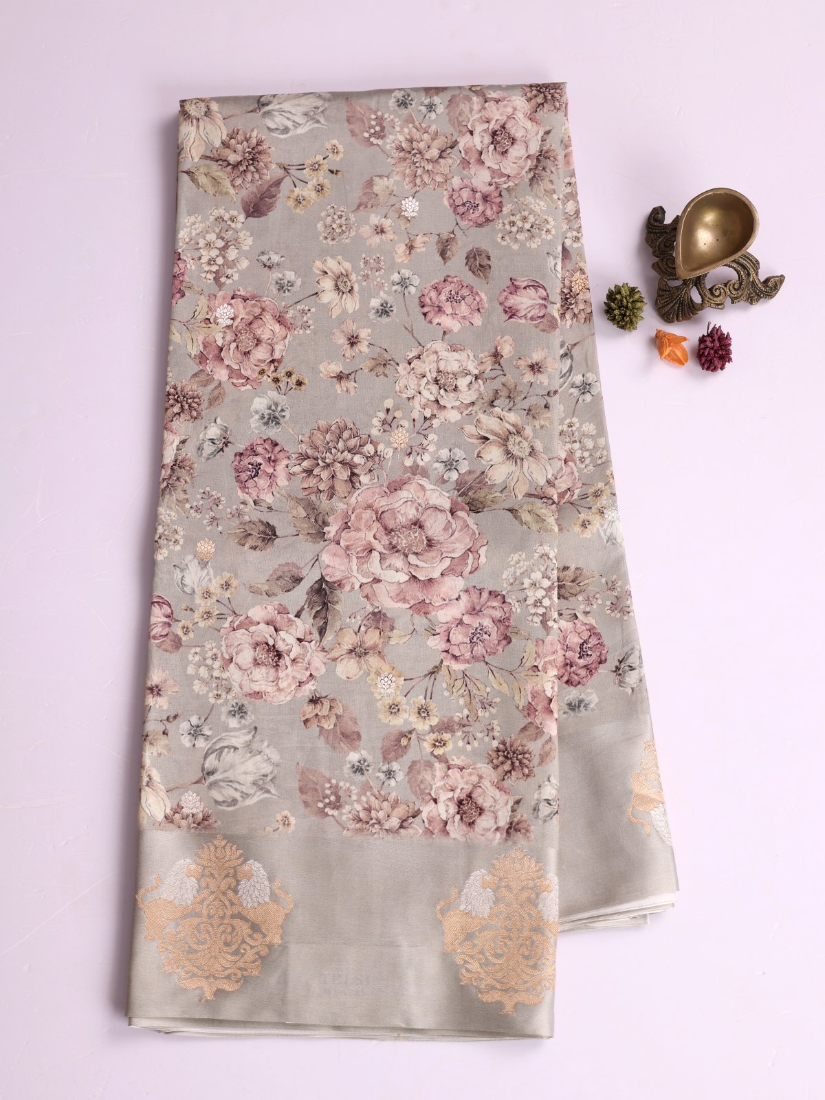 Light Grey Printed Mashru Silk Saree With Satin Border