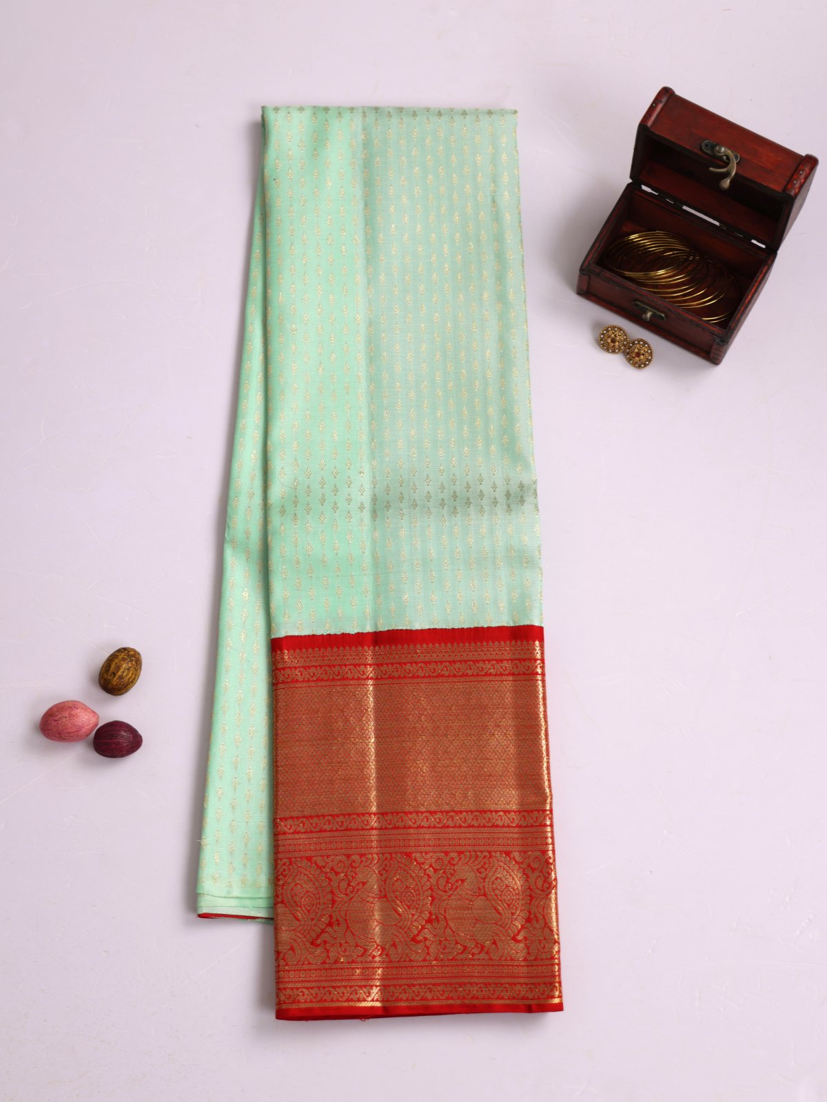 Light Green Kanjeevaram Silk Pavadai With Red Border
