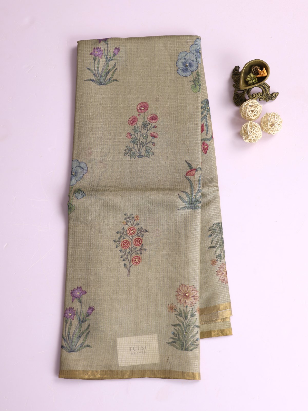 Greenish Grey Printed Tussar Silk Saree