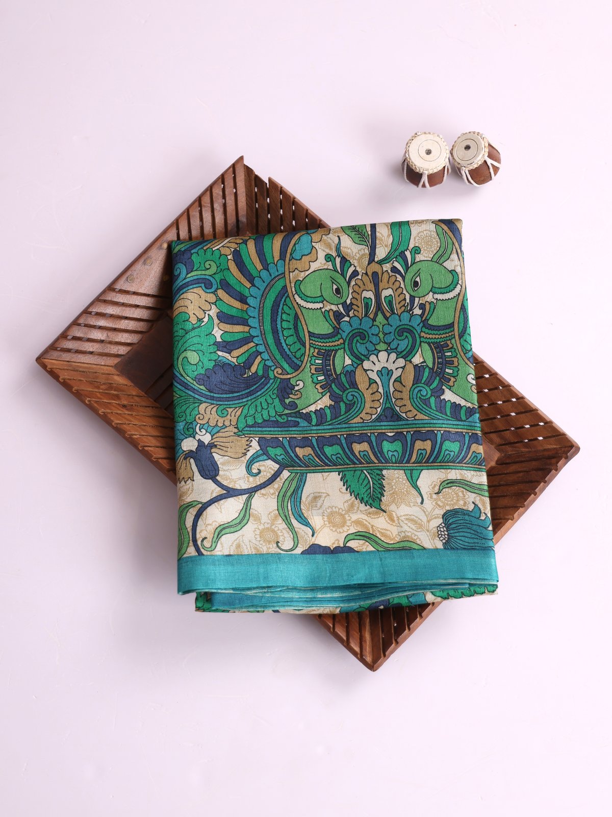 Beige Printed Tussar Silk Saree With Teal Blue Border 