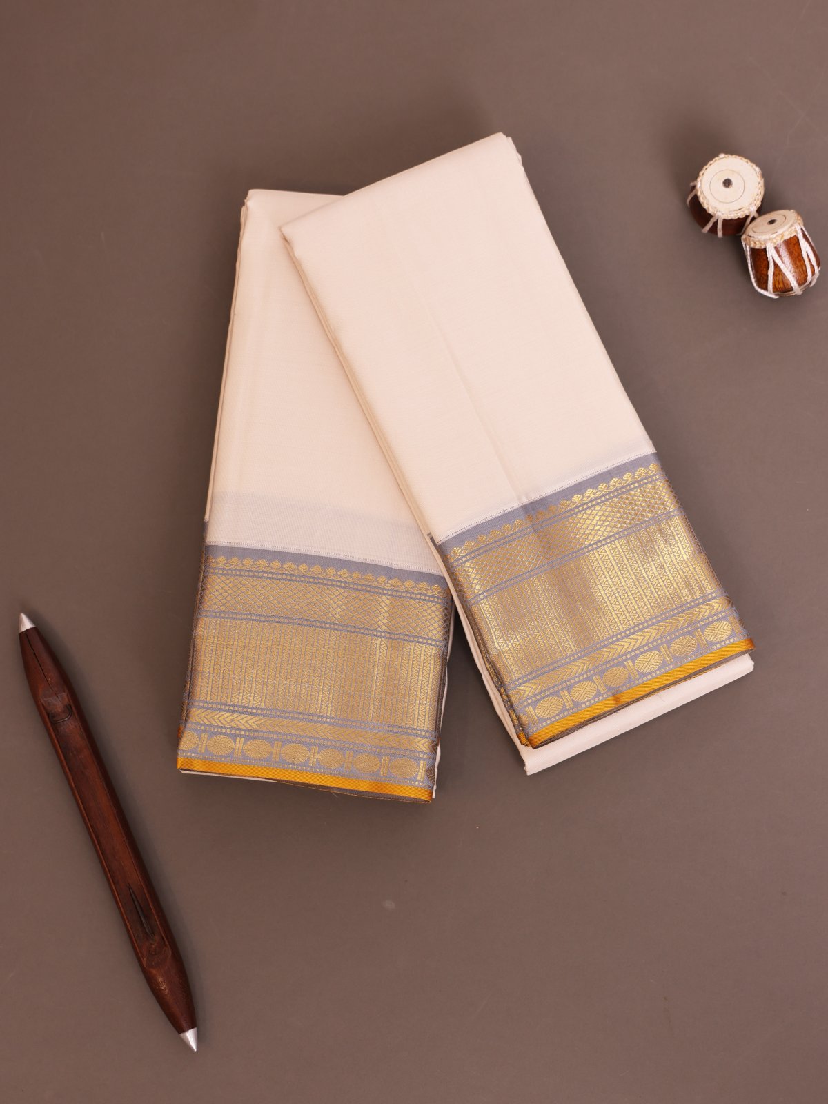 Off White Silk Dhoti And Vasthram With Grey Border