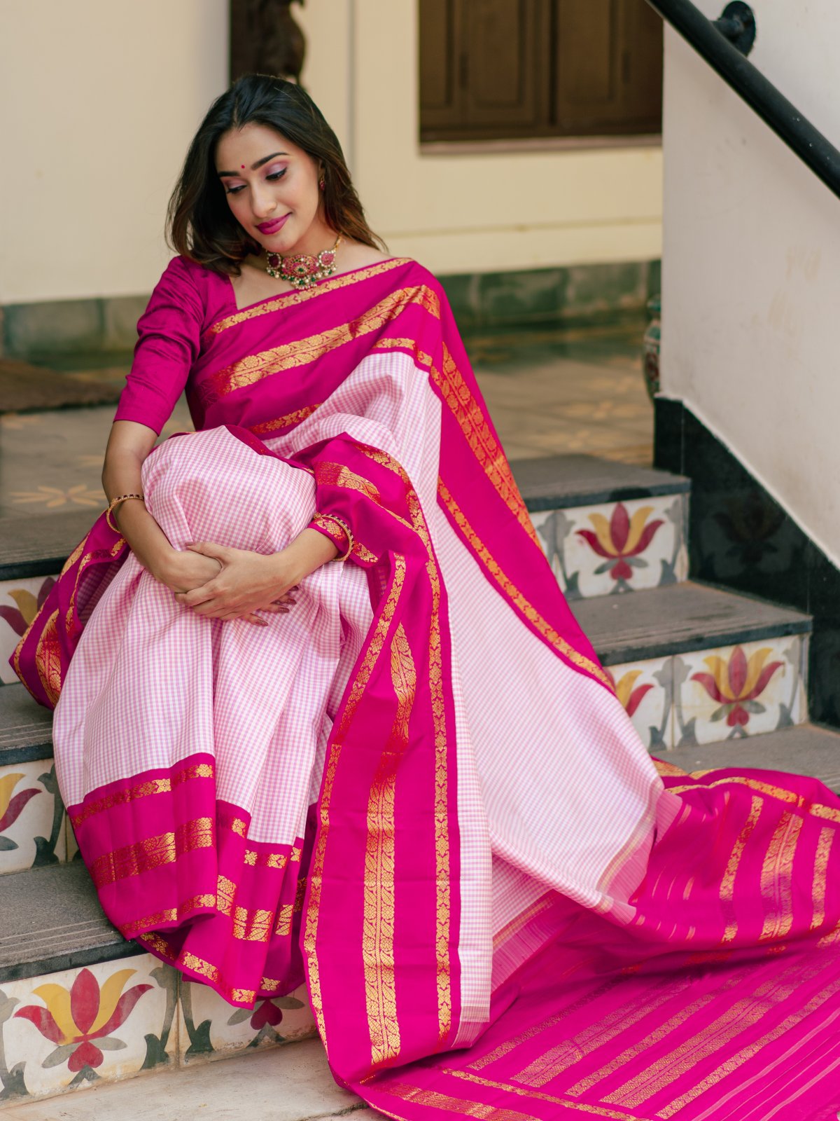 Checked Pink Kanjeevaram Silk Saree with Pink Border - Tulsi Weaves