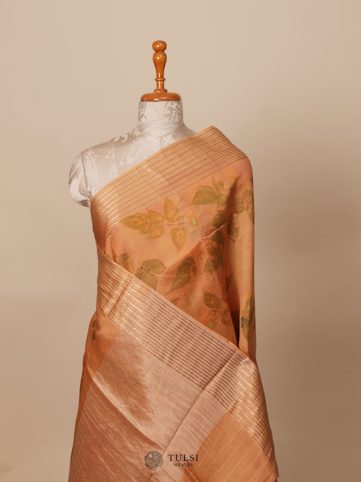 Peach Orange Eco Print Silk Saree