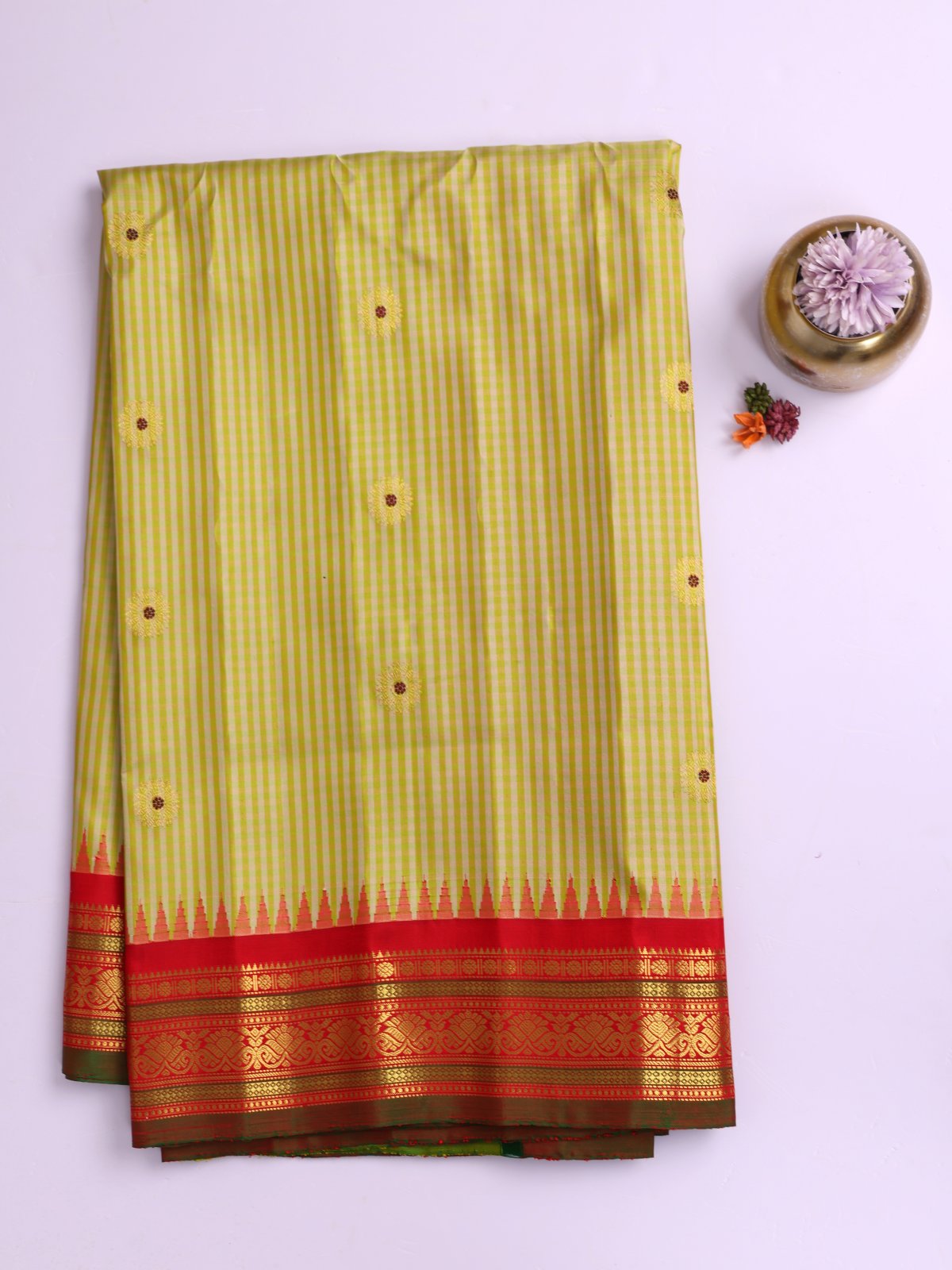 White And Light Green Checked Gadwal Silk Saree With Red Border