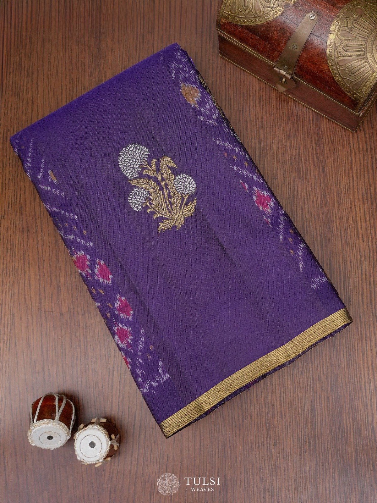 Dark Violet Kanjeevaram Silk Saree with Ikat Pattern