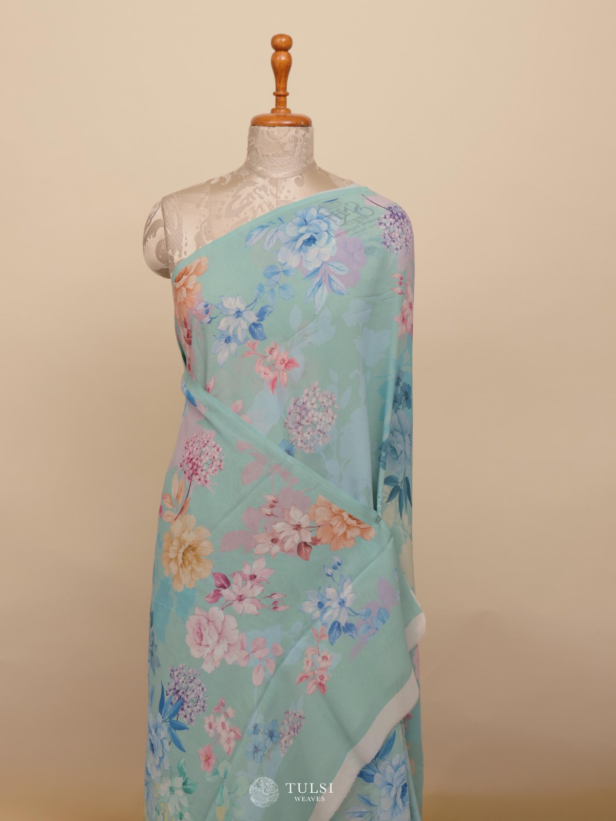 Light Blue Floral Printed Georgette Silk Saree