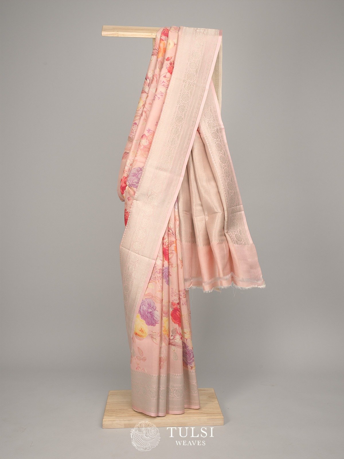 Light Pink Tussar Silk Saree With Floral Prints