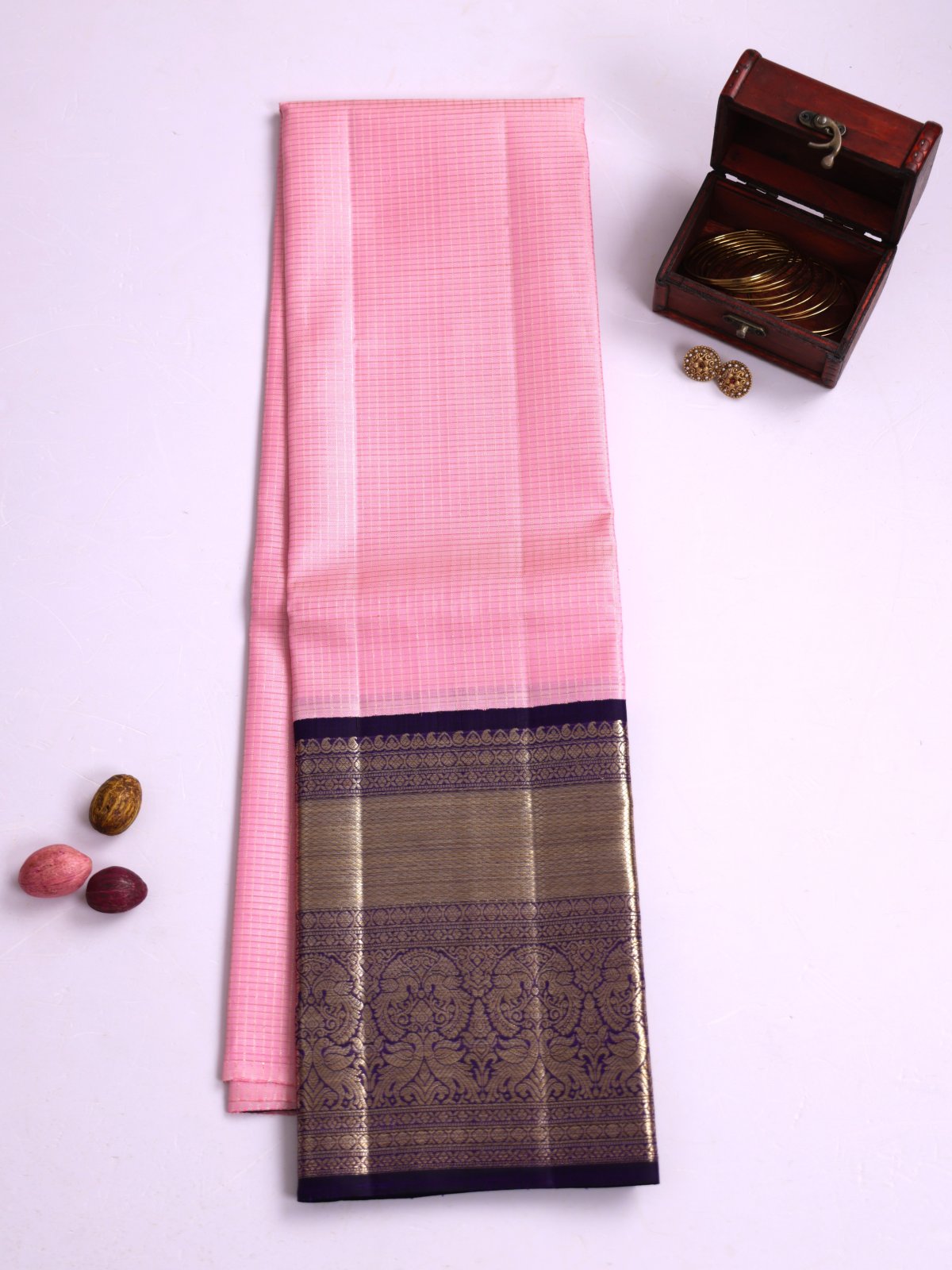 Pastel Pink Zari Checked Kanjeevaram Silk Pavadai With Dark Violet Border