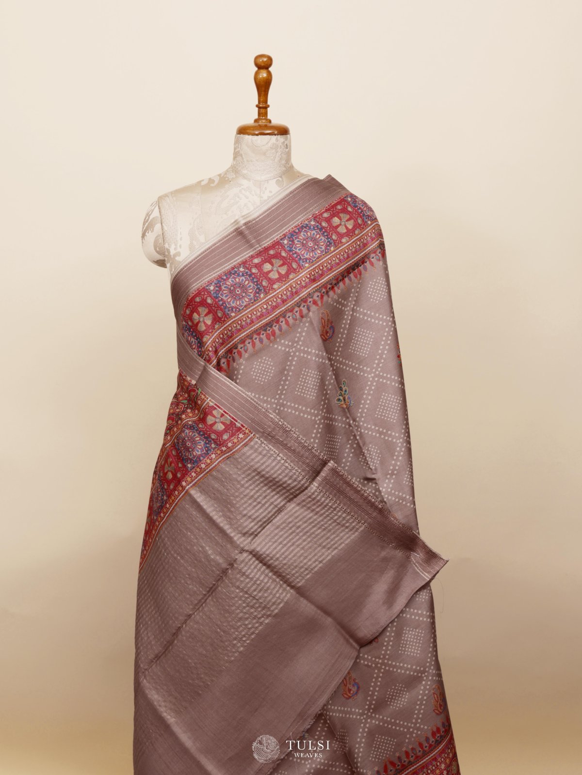 Brownish Grey Printed Tussar Silk Saree