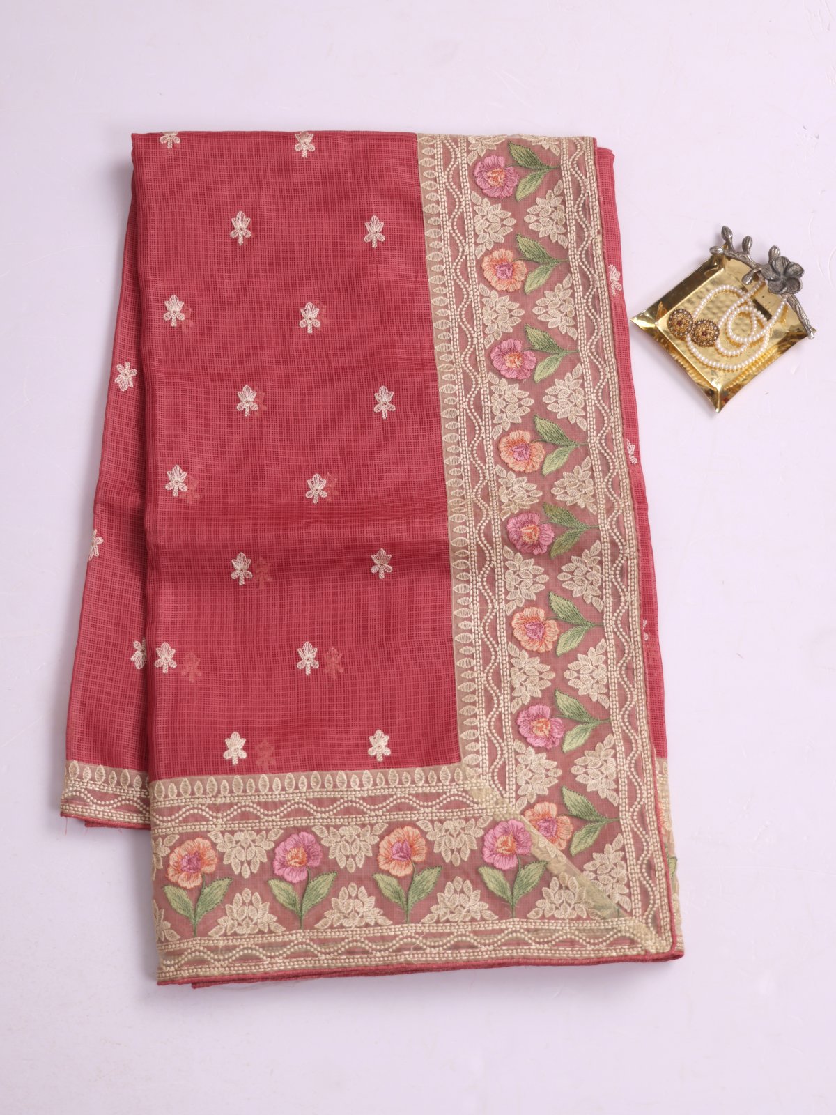 Dusty Red Semi Kota Saree with Embroidery