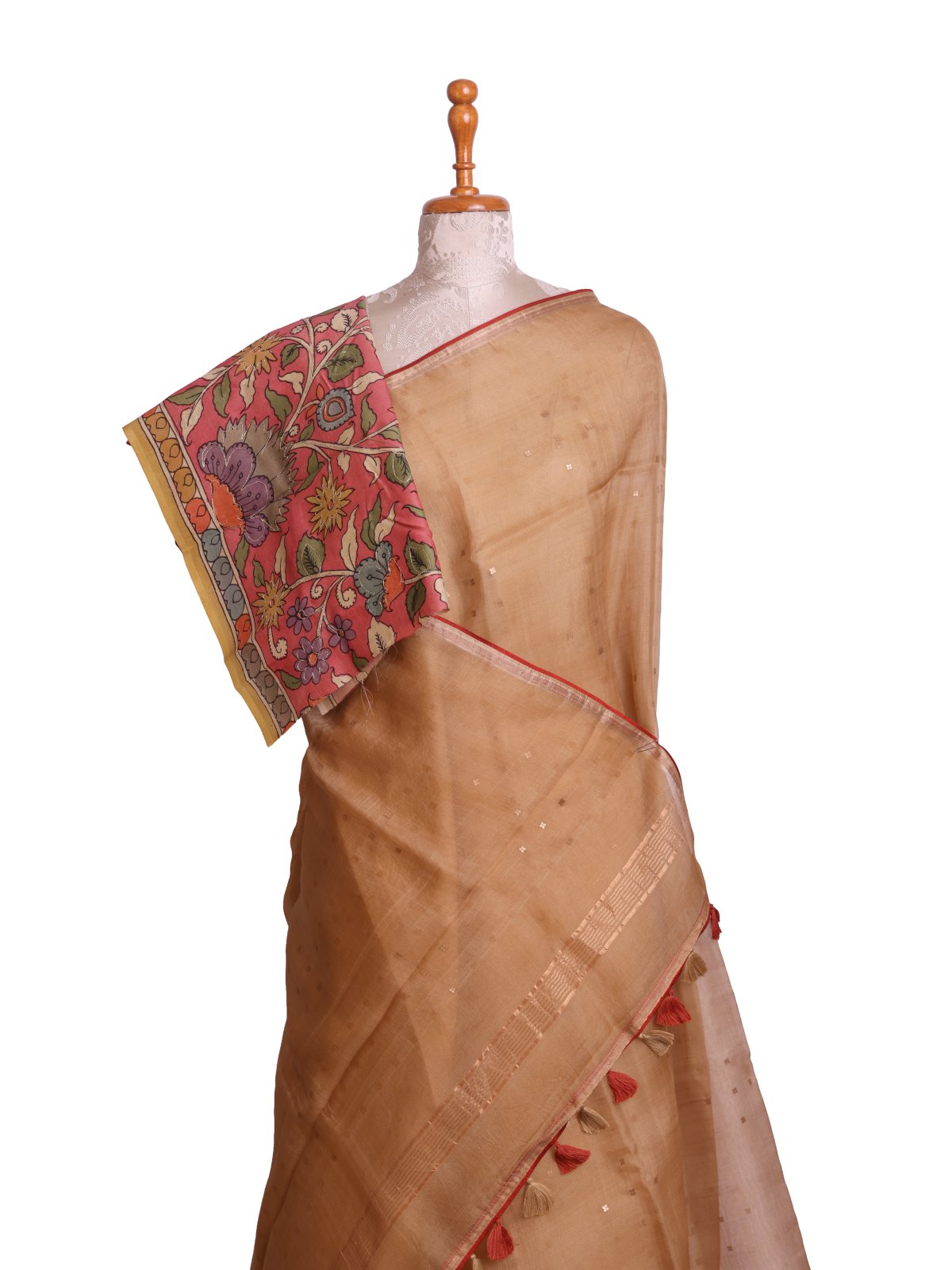 Light Brown Organza Silk Saree with Kalamkari Blouse