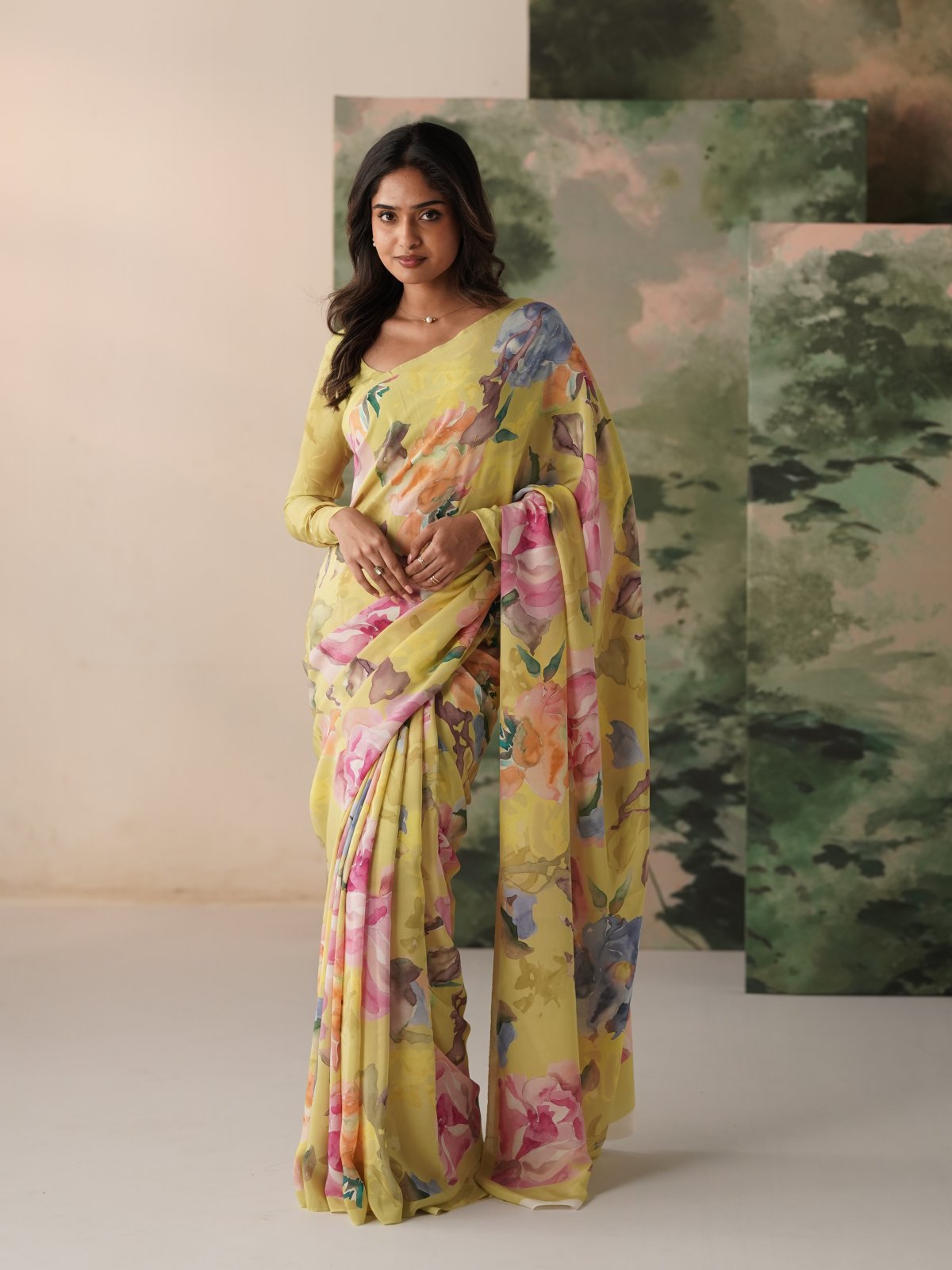 Yellow Green Printed Crepe Silk Saree