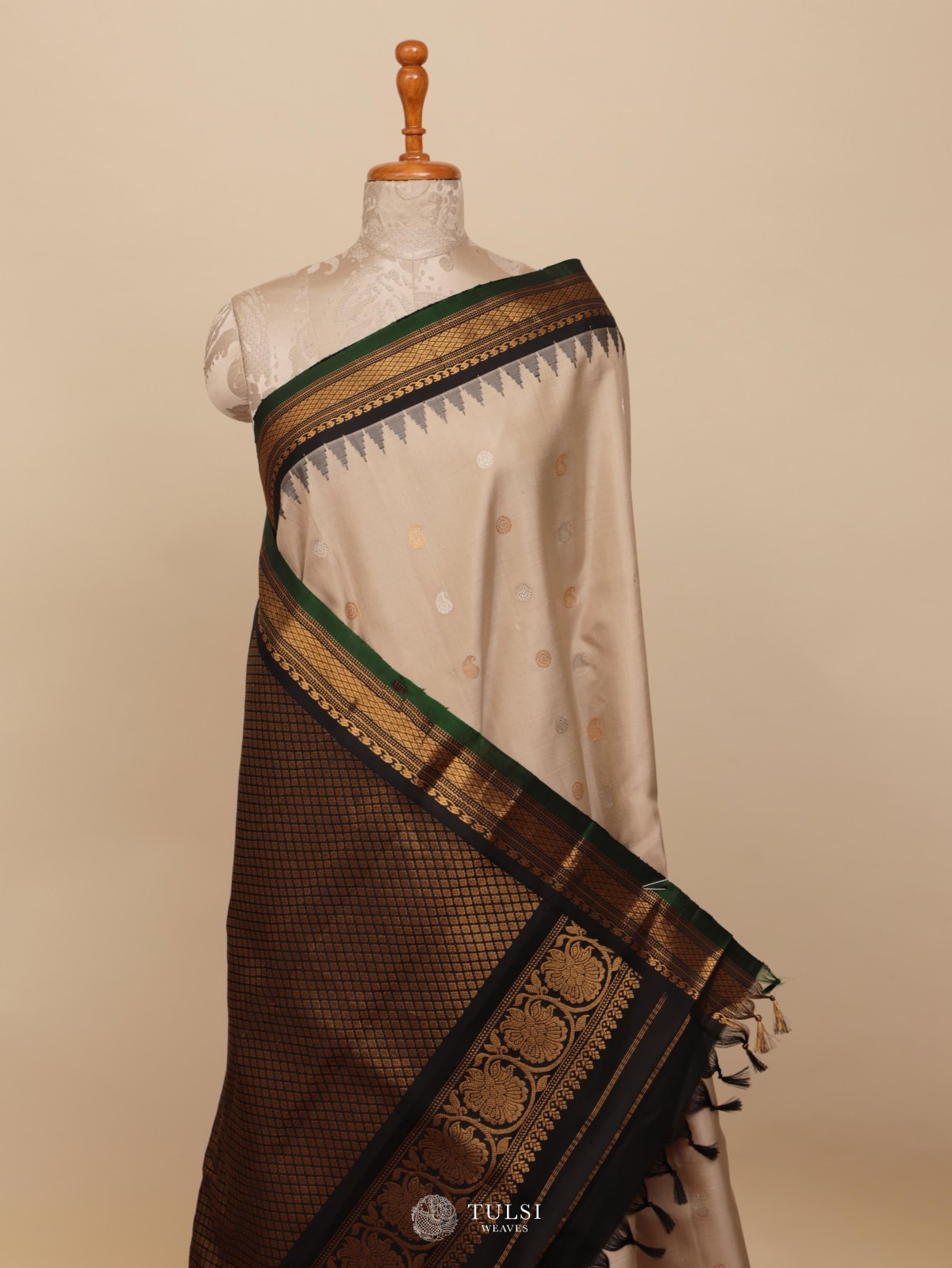Beige Gadwal Silk Saree With Black Border