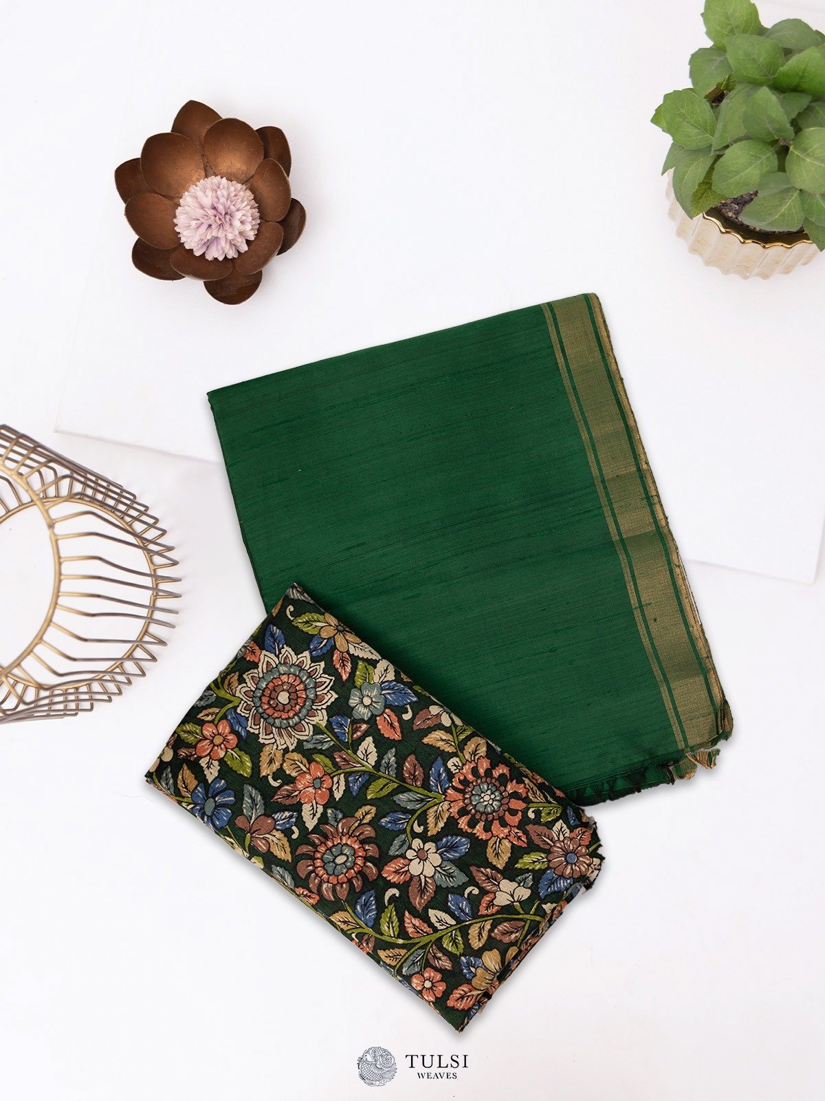 Bottle Green Raw Silk Saree With Zari Border