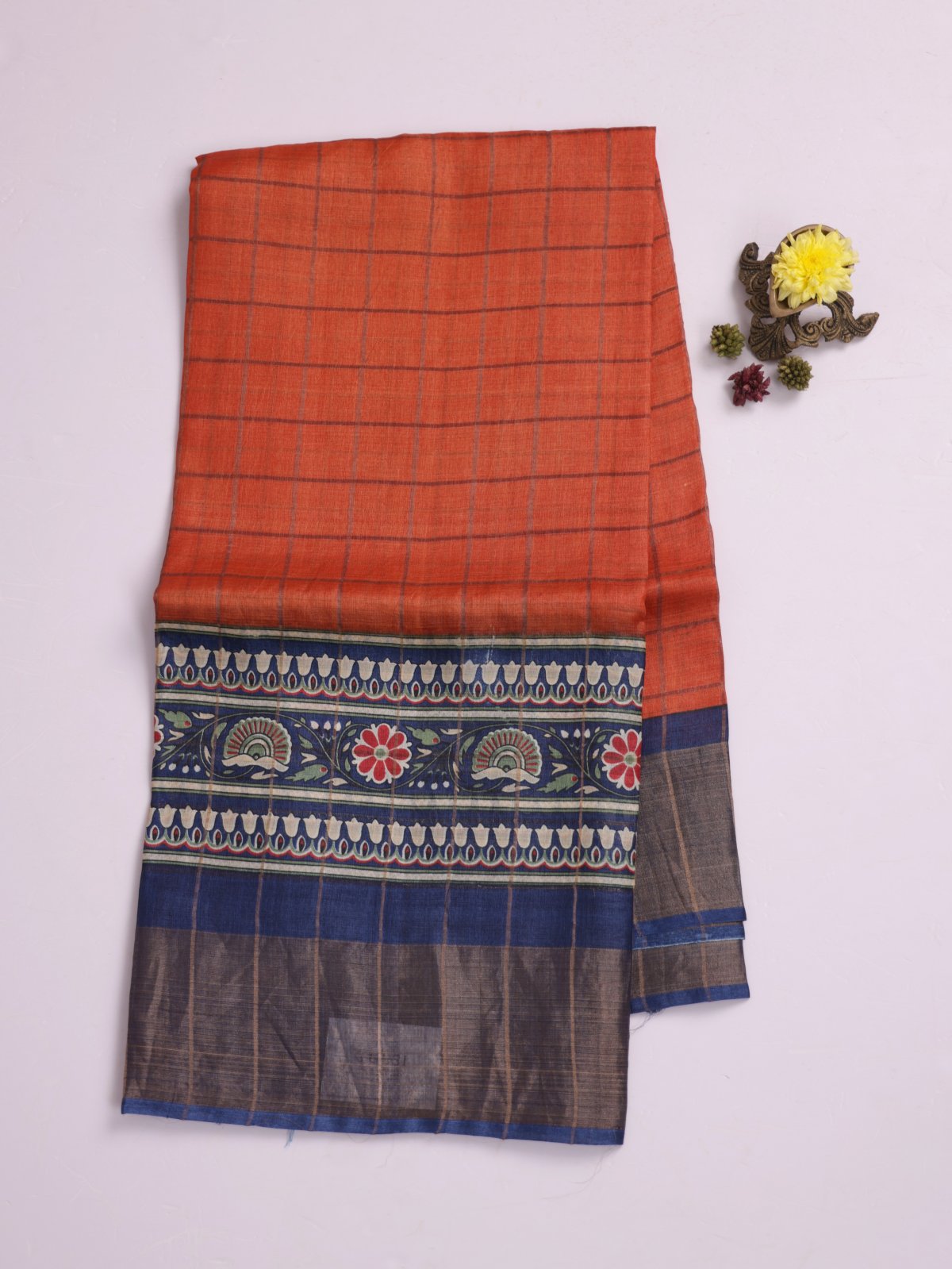 Rust Orange Zari Checked Tussar Silk Saree With Blue Printed Border 