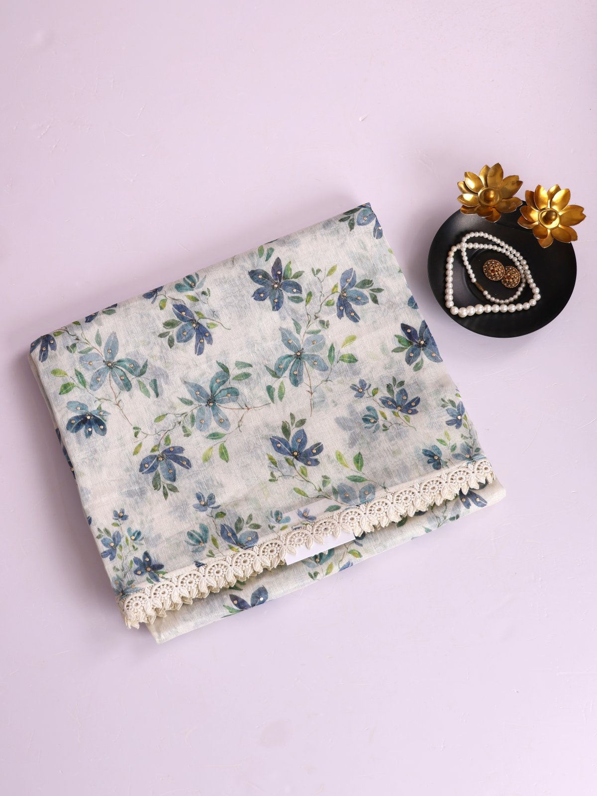 Off- White Printed Linen Saree